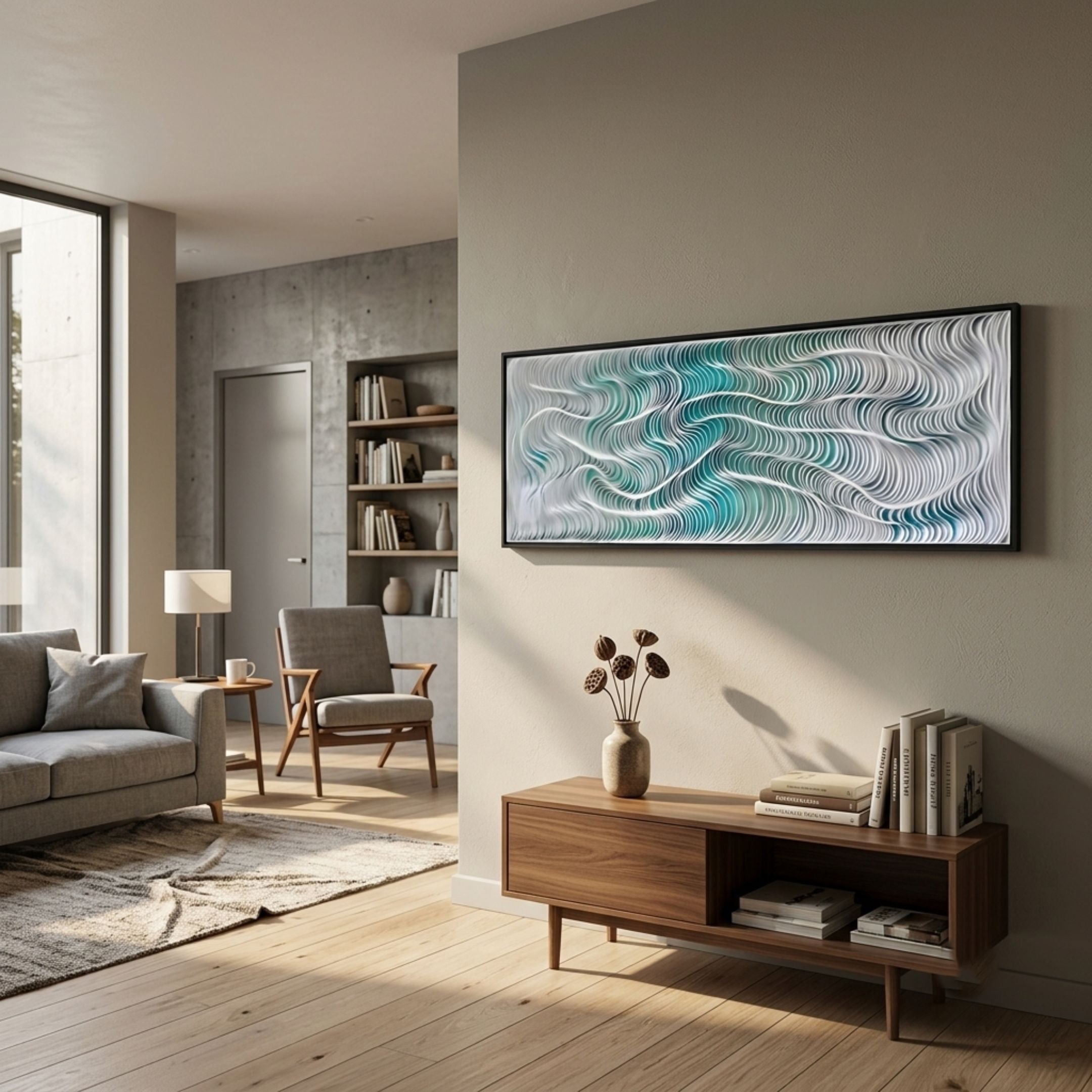 Fluenta Aqua Ripple Linear Cardboard 3D Wall Art by Giant Sculptures, framed in black with flowing white and aqua waves, mounted above a walnut console in a modern living room.