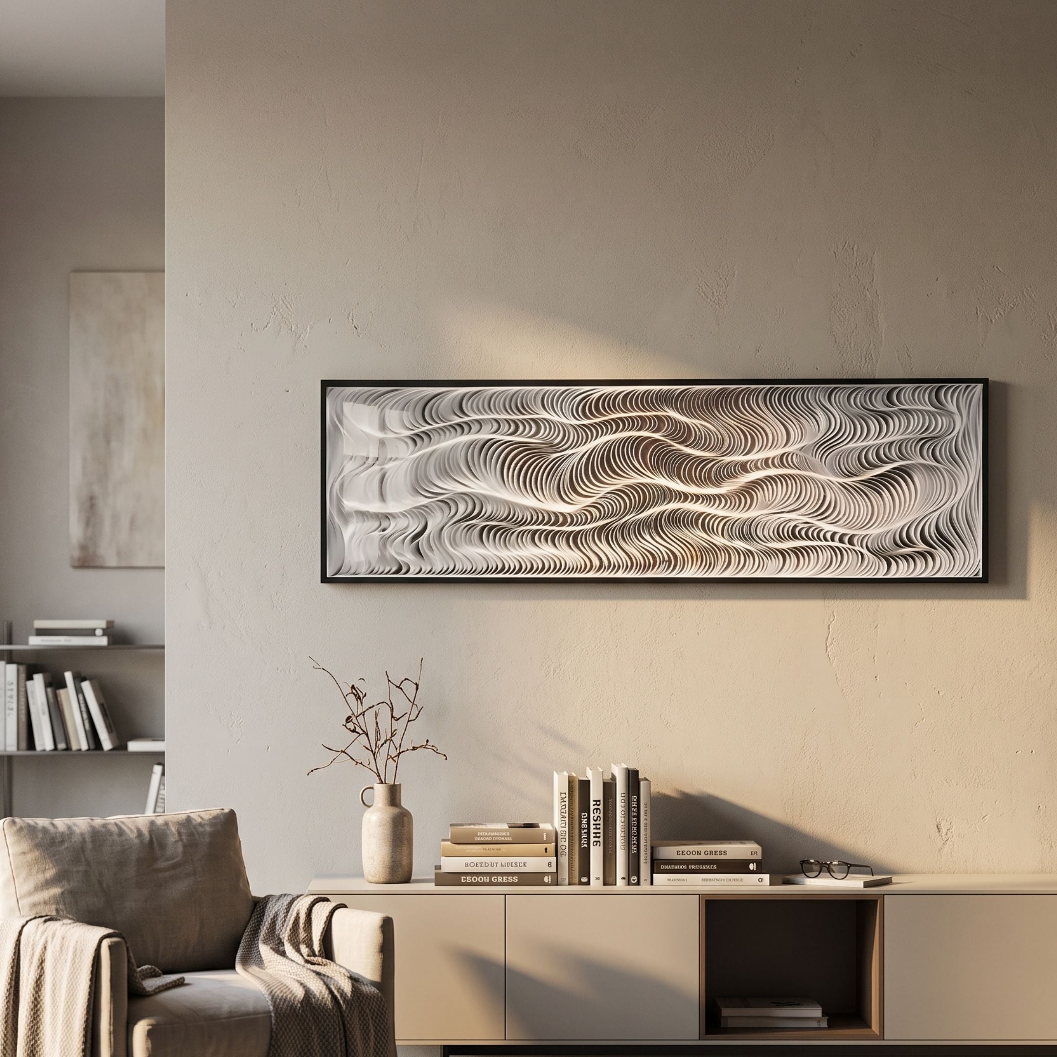 Fluenta Golden Ripple Linear Cardboard 3D Wall Art in a black frame, mounted above a beige sideboard with books and a vase in a modern living room.