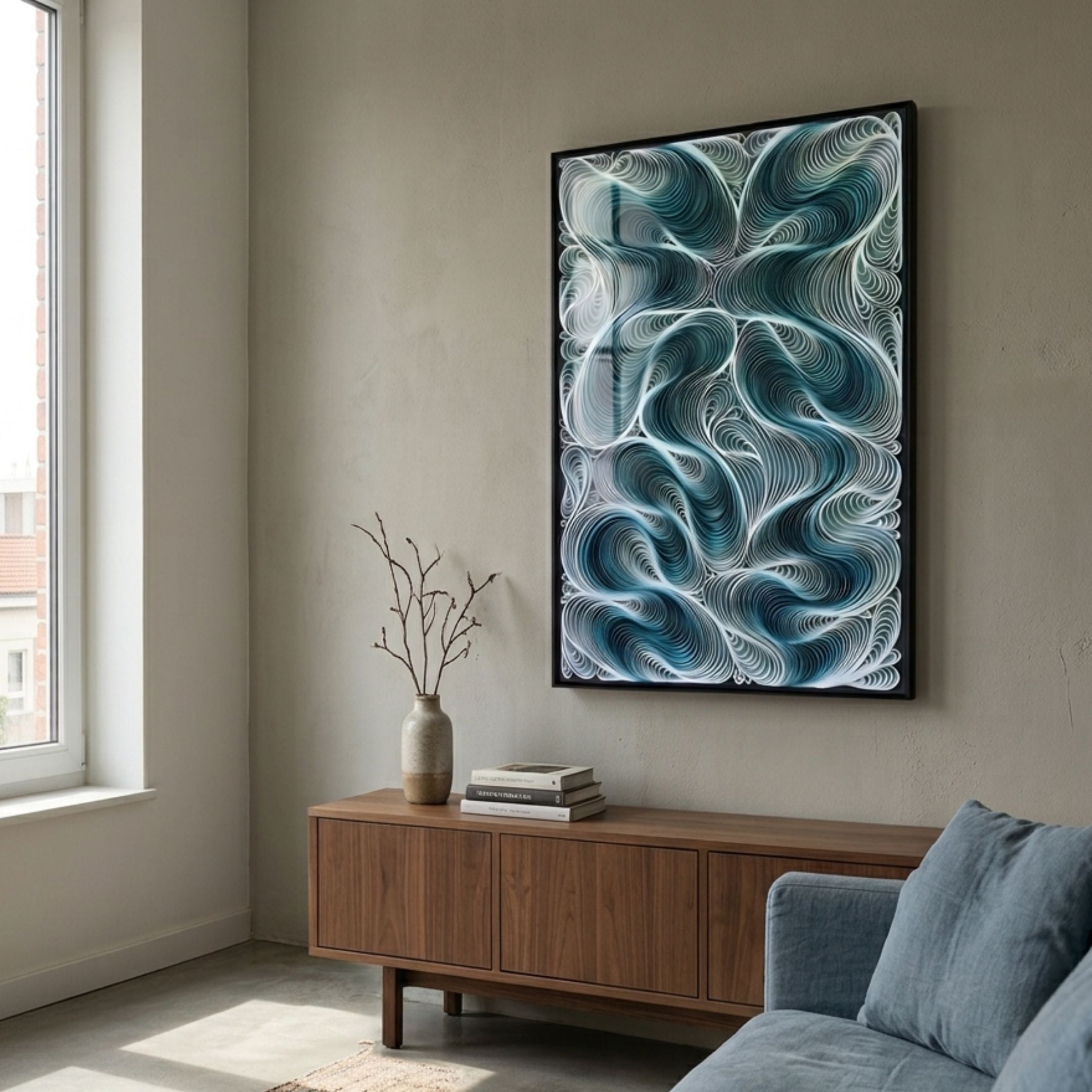 Filigree Turquoise Swirl Quilling Paper Wall Art by Giant Sculptures in a black frame, hung above a walnut sideboard with vase and books in a sunlit living room.