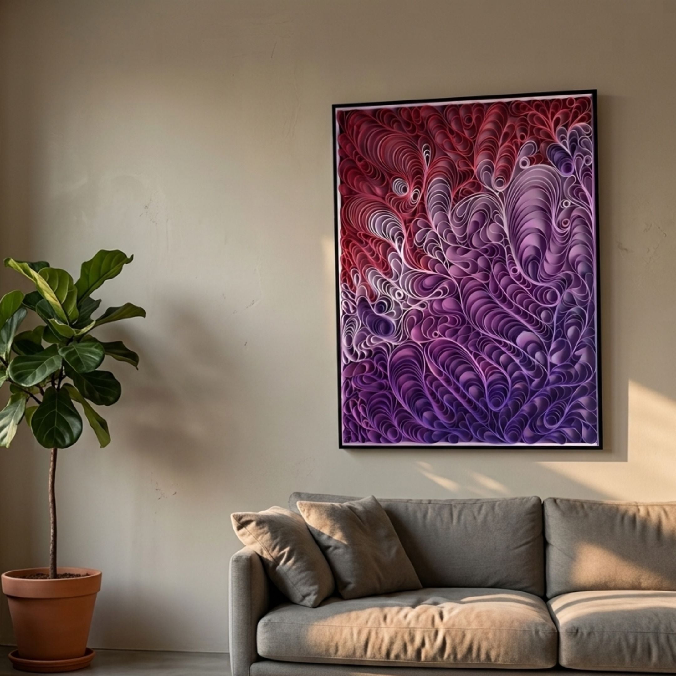 Filigree Red & Purple Flourish Quilling Paper Wall Art by Giant Sculptures, framed in black and hung above a grey sofa beside a fiddle-leaf fig.