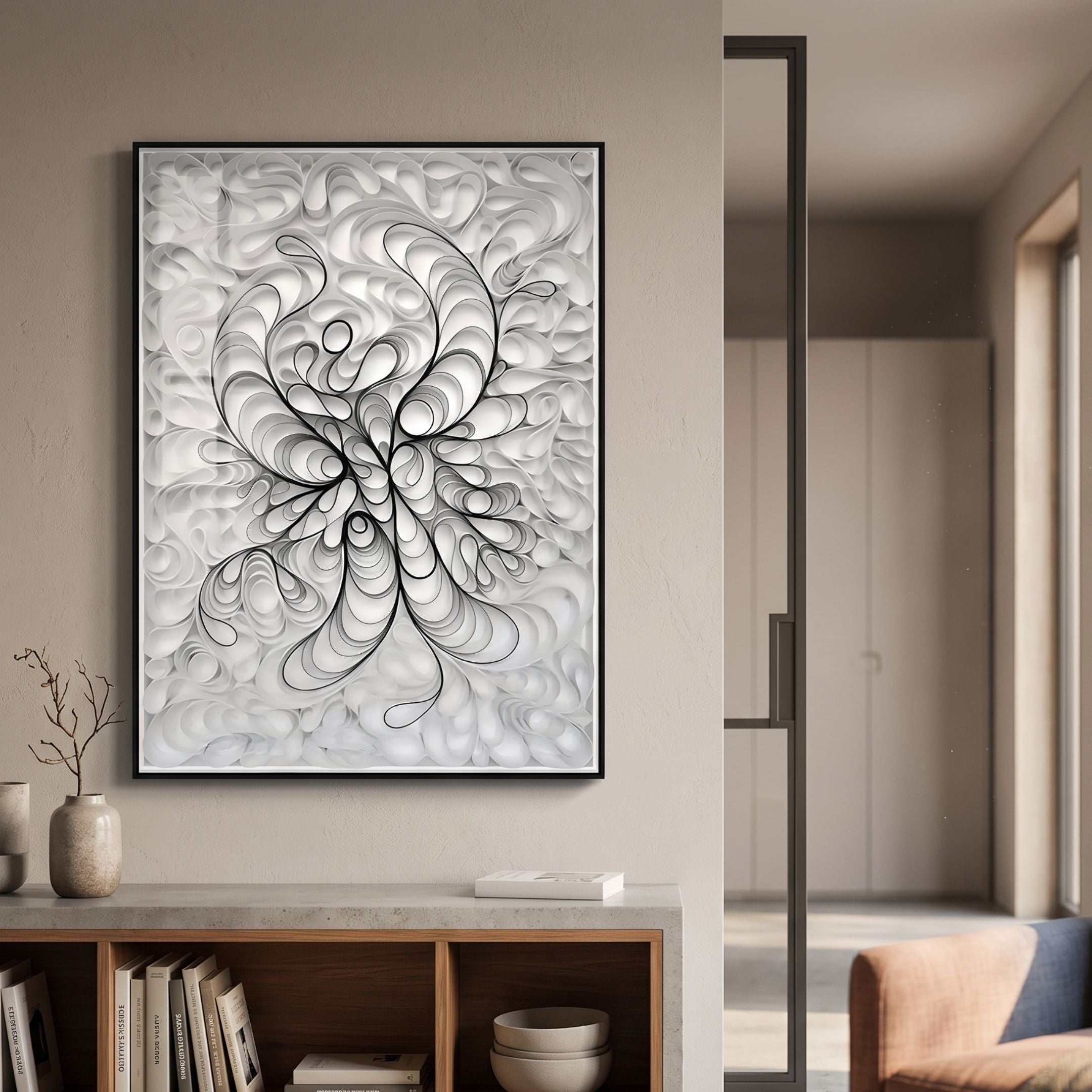 Filigree Monochrome Swirl Quilling Paper Wall Art by Giant Sculptures, framed in black and hung above a concrete console with vases in a neutral hallway.