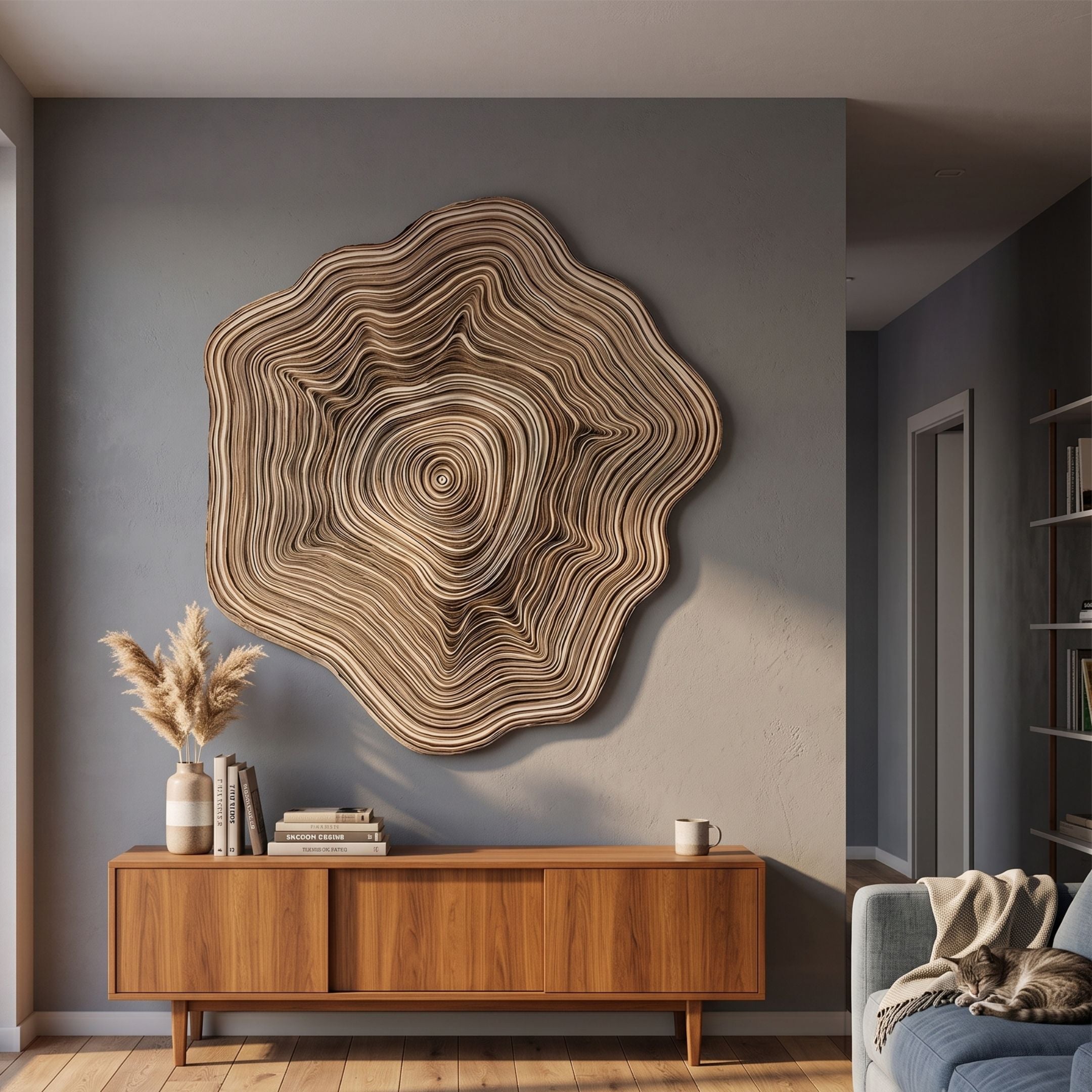 Lignature Ring Hand-Painted Felt Paper Wall Art in beige and brown concentric rings, displayed above a walnut sideboard with pampas grass in a living room.
