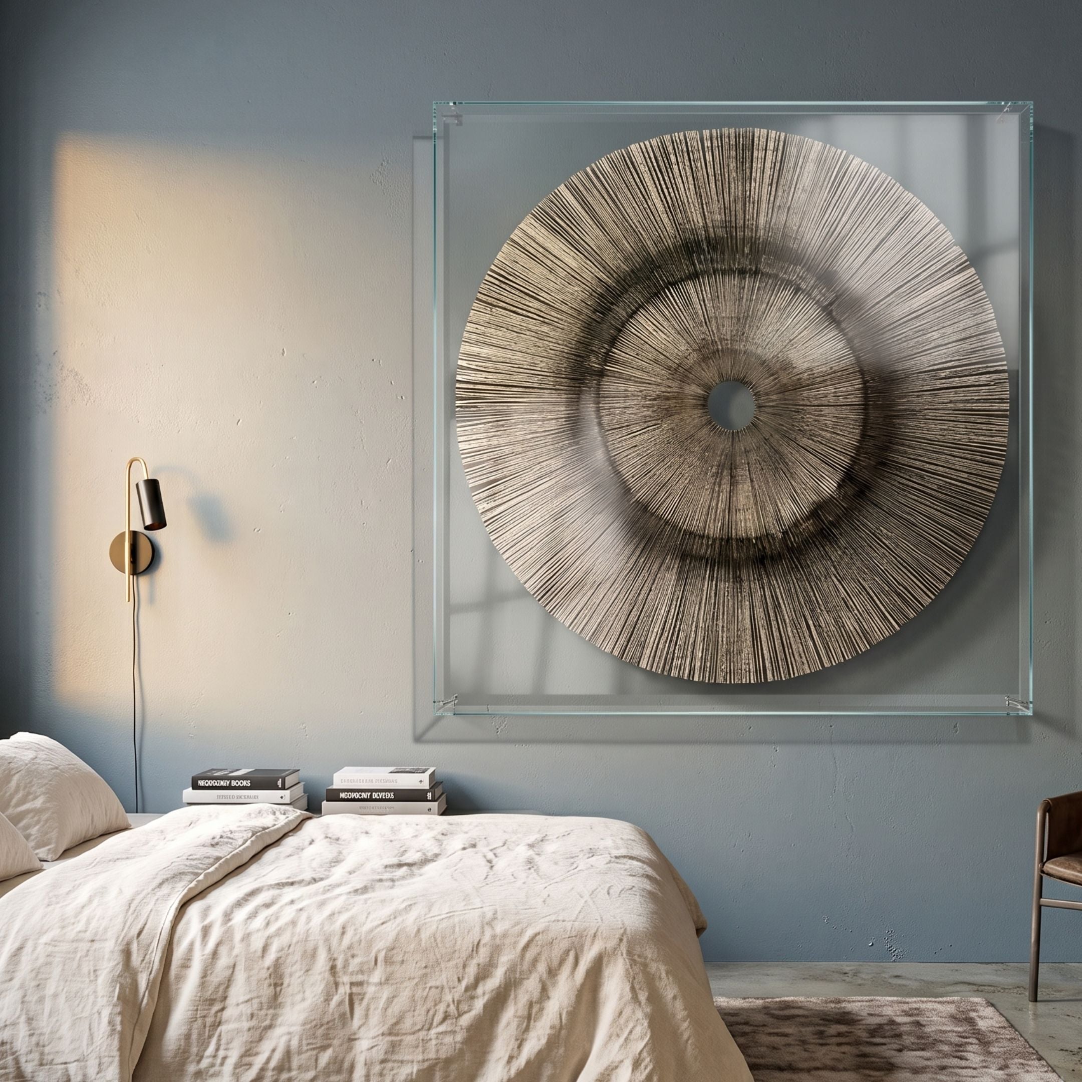 Oculis Earthy Balance Square Handmade 3D Paper Wall Art by Giant Sculptures, beige metallic sunburst in a clear acrylic frame, mounted above a linen bed.