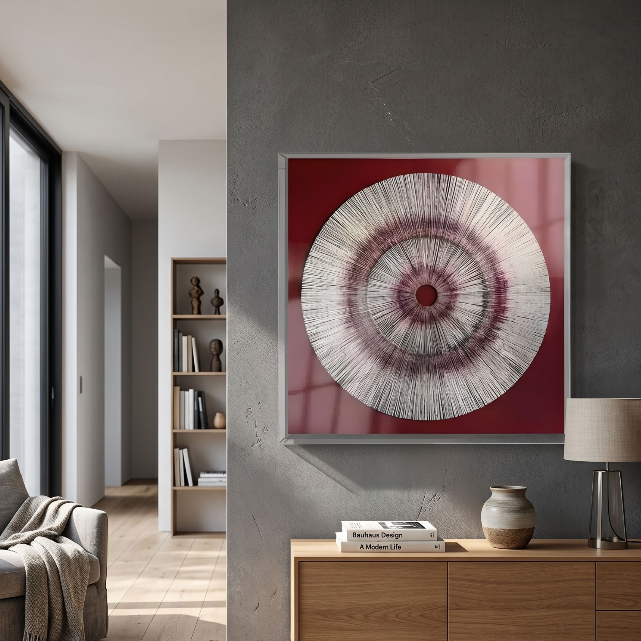 Oculis Crimson Aura Square Handmade 3D Paper Wall Art by Giant Sculptures displayed on a grey wall above a wooden console with vase, books, and lamp.