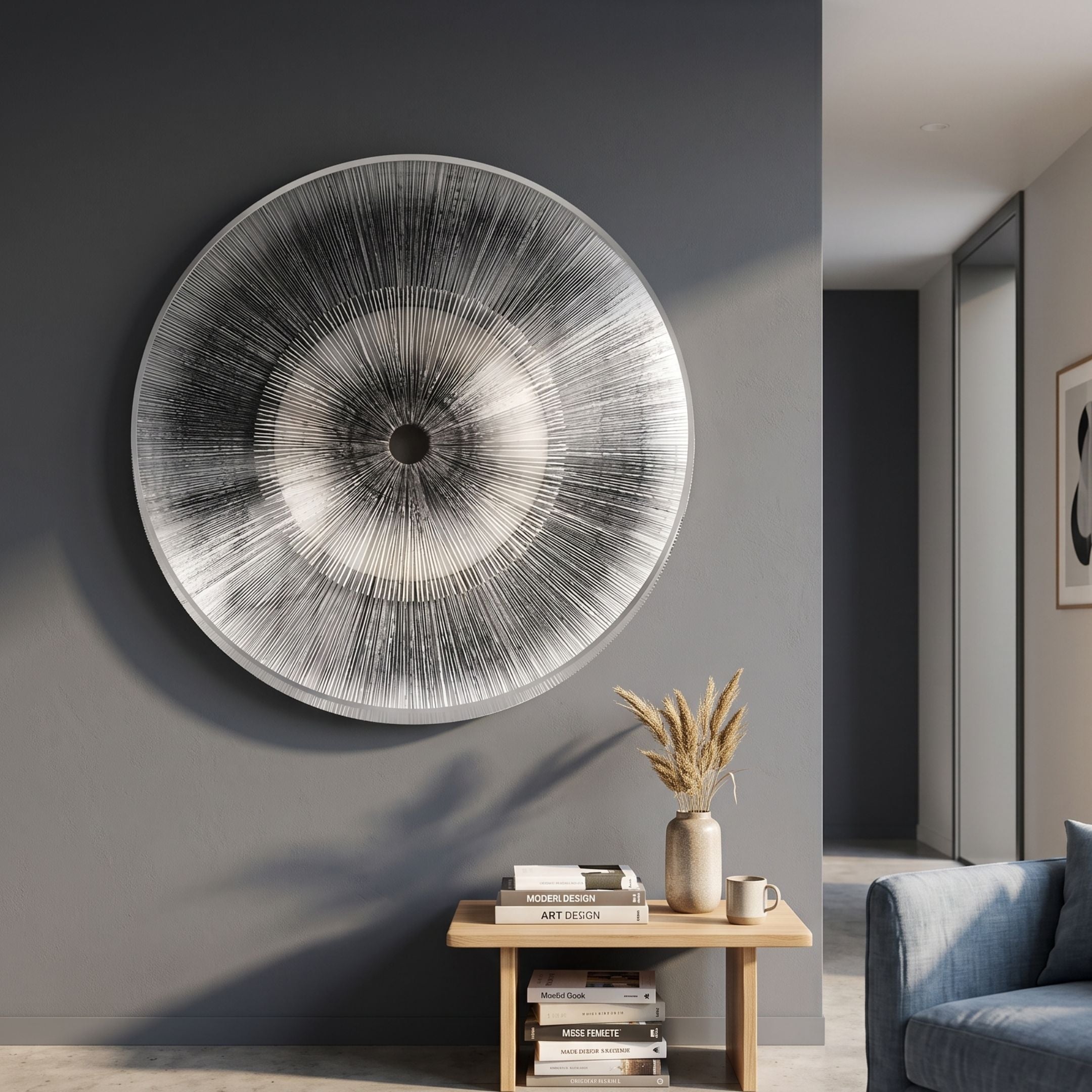 Oculis Warm Neutral Circular Handmade 3D Paper Wall Art by Giant Sculptures mounted on a grey wall above a wooden console with books, vase, and mug.