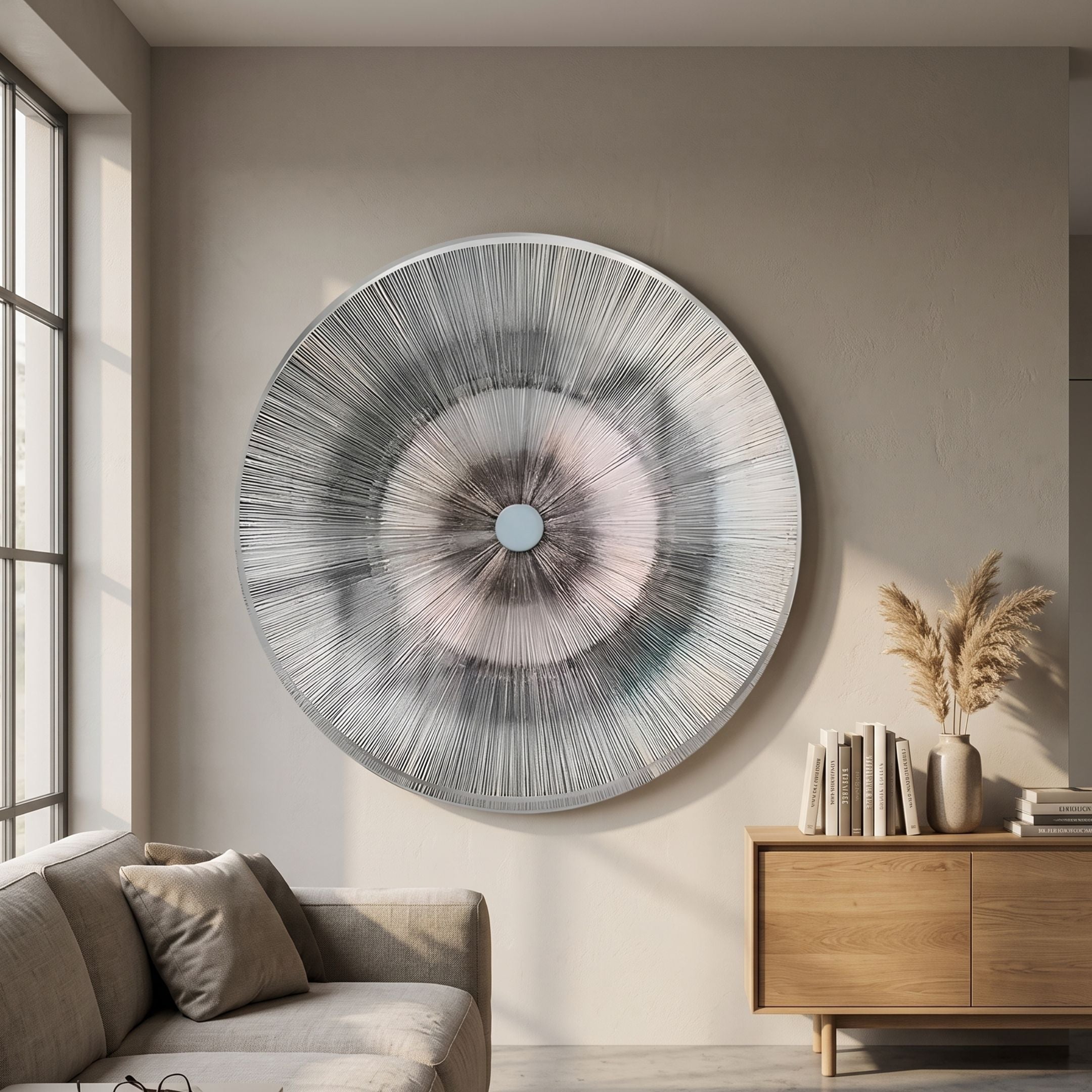 Oculis Warm Neutral Circular Handmade 3D Paper Wall Art by Giant Sculptures mounted above a wooden sideboard in a neutral living room with linen sofa and pampas grass.