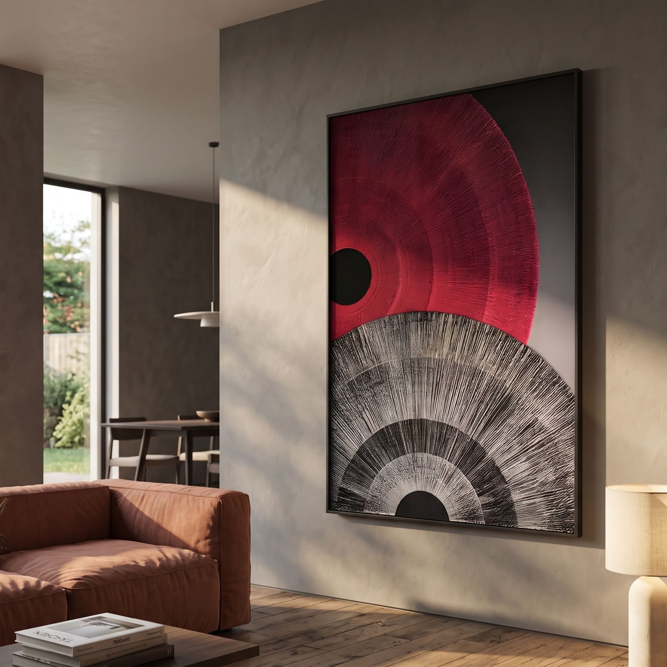 Auralis Red & Black Dual Concentric Circular Cardboard Craft Wall Art by Giant Sculptures displayed above a rust sofa in a modern living room.