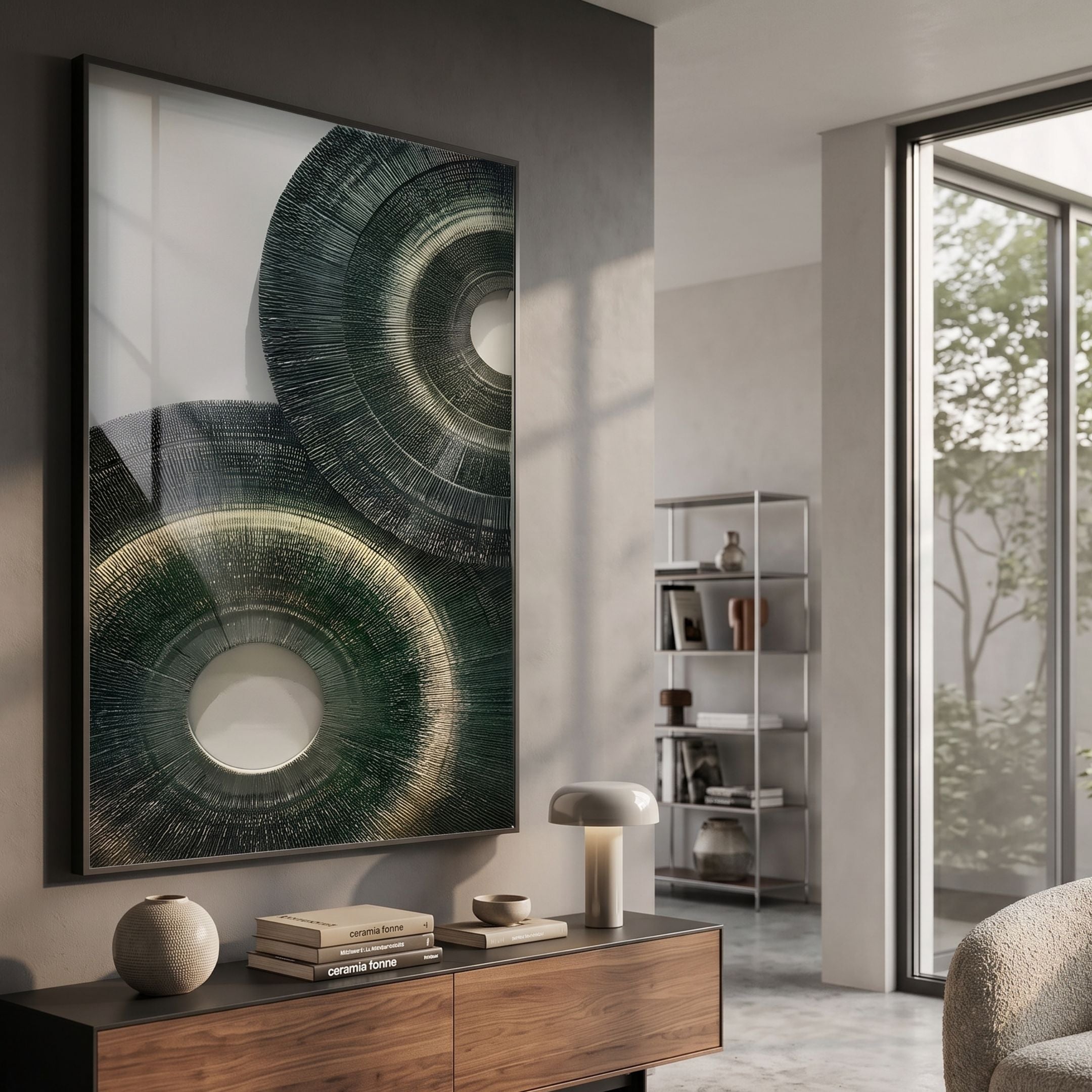 Auralis Green Dual Concentric Circular Cardboard Craft Wall Art by Giant Sculptures displayed above a walnut sideboard with books, vase, and mushroom lamp in a sunlit modern living room.