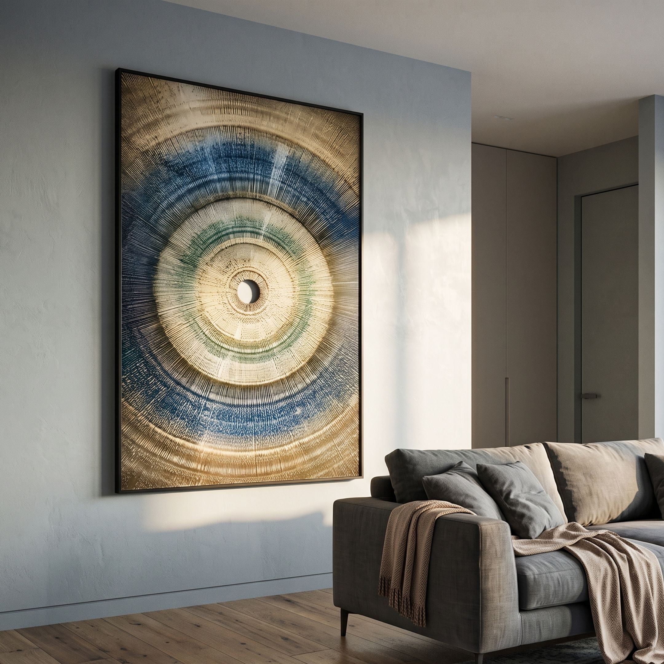 Auralis Blue Gradient Concentric Circular Cardboard Craft Wall Art by Giant Sculptures displayed above a grey sofa in a modern living room.