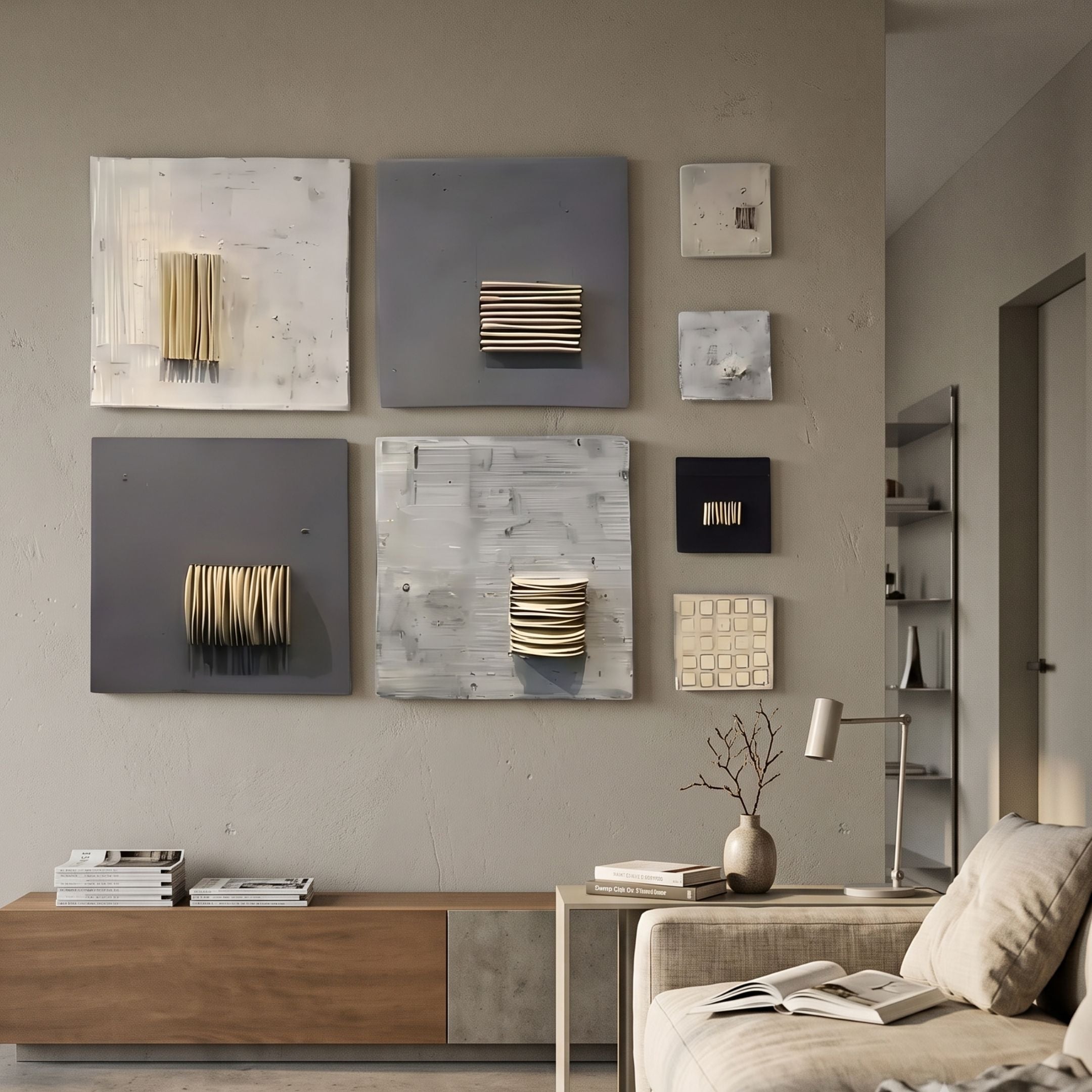 Modulus Neutral Toned Large Abstract Square Panels Set Wall Art by Giant Sculptures arranged on a beige wall above a wooden console in a minimalist living room.