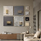 Modulus Neutral Toned Large Abstract Square Panels Set Wall Art by Giant Sculptures arranged on a beige wall above a wooden console in a minimalist living room.