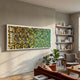 Chromatica Rectangular Vibrant Green Rolled Paper 3D Wall Art by Giant Sculptures mounted in a living room above a rust sofa, beside light wood bookshelves and plants.
