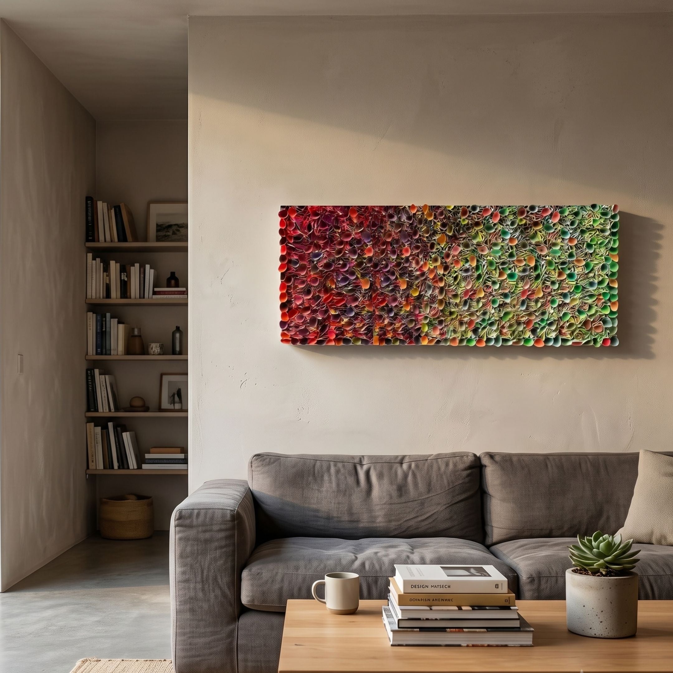 Chromatica Rectangular Radiant Red & Green Rolled Paper 3D Wall Art mounted above a grey sofa in a neutral living room with bookshelves nearby.
