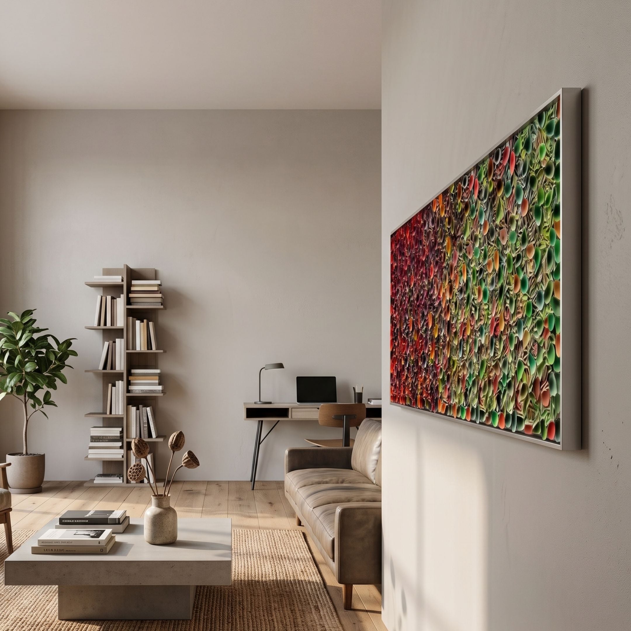 Chromatica Rectangular Radiant Red & Gold Paper 3D Wall Art by Giant Sculptures displayed on a living room wall above a leather sofa, with bookshelf and desk nearby.