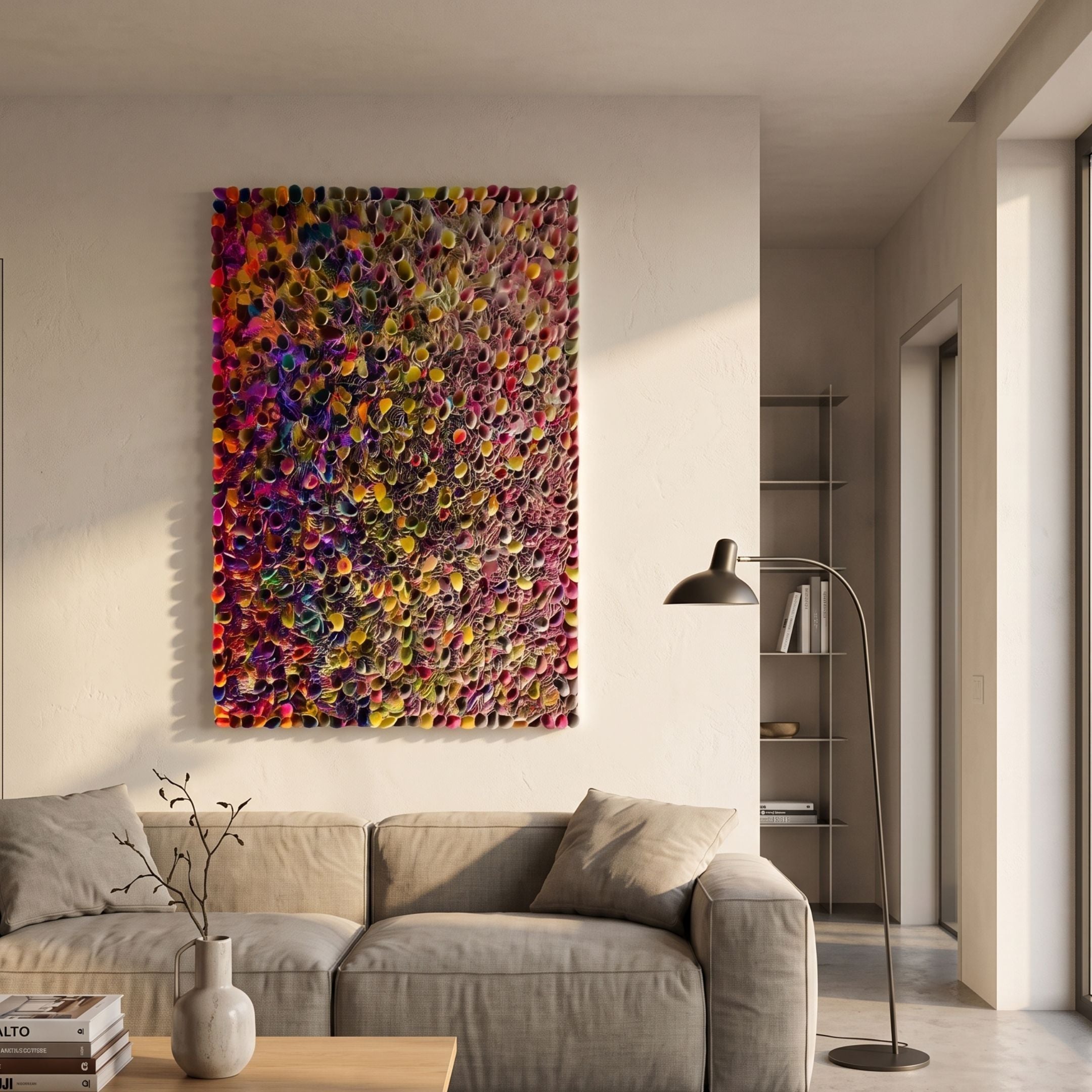 Chromatica Vertical Multicoloured Gradient Rolled Paper 3D Wall Art by Giant Sculptures displayed above a beige sofa in a modern living room with floor lamp.