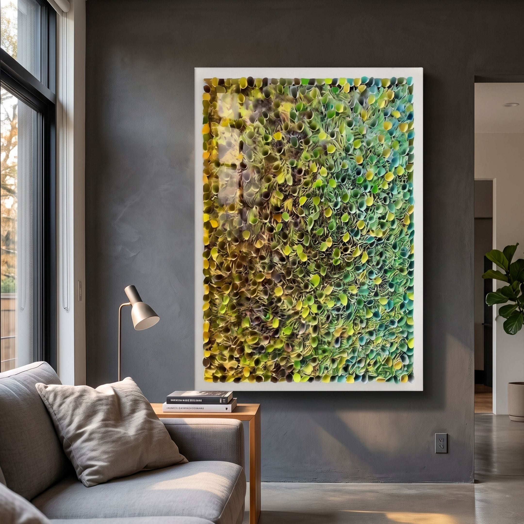 Chromatica Vertical Vibrant Green Rolled Paper 3D Wall Art by Giant Sculptures displayed on a dark grey living room wall above a sofa and floor lamp.