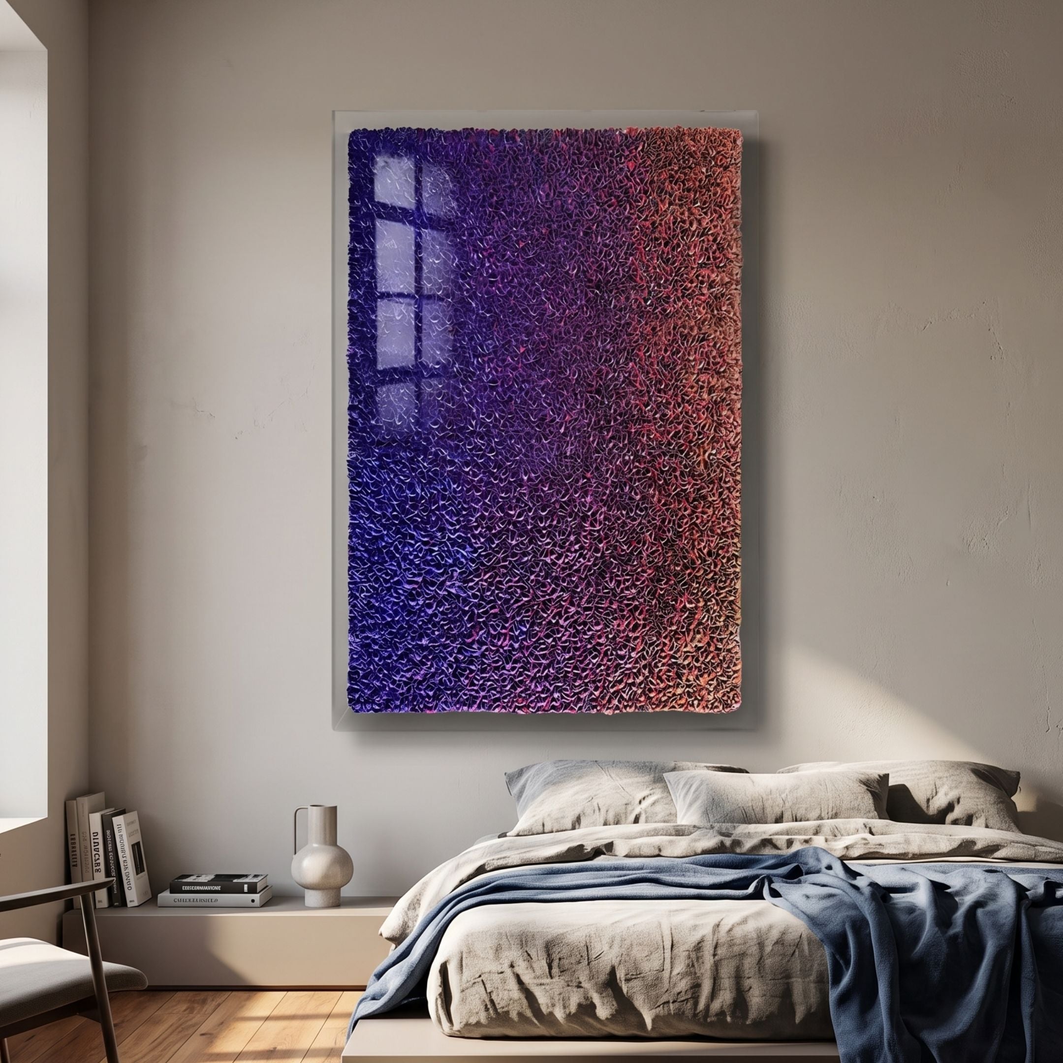 Chromatica Vertical Vibrant Purple Gradient Paper 3D Wall Art by Giant Sculptures displayed above a linen bed with blue throw in a bedroom with cream walls.