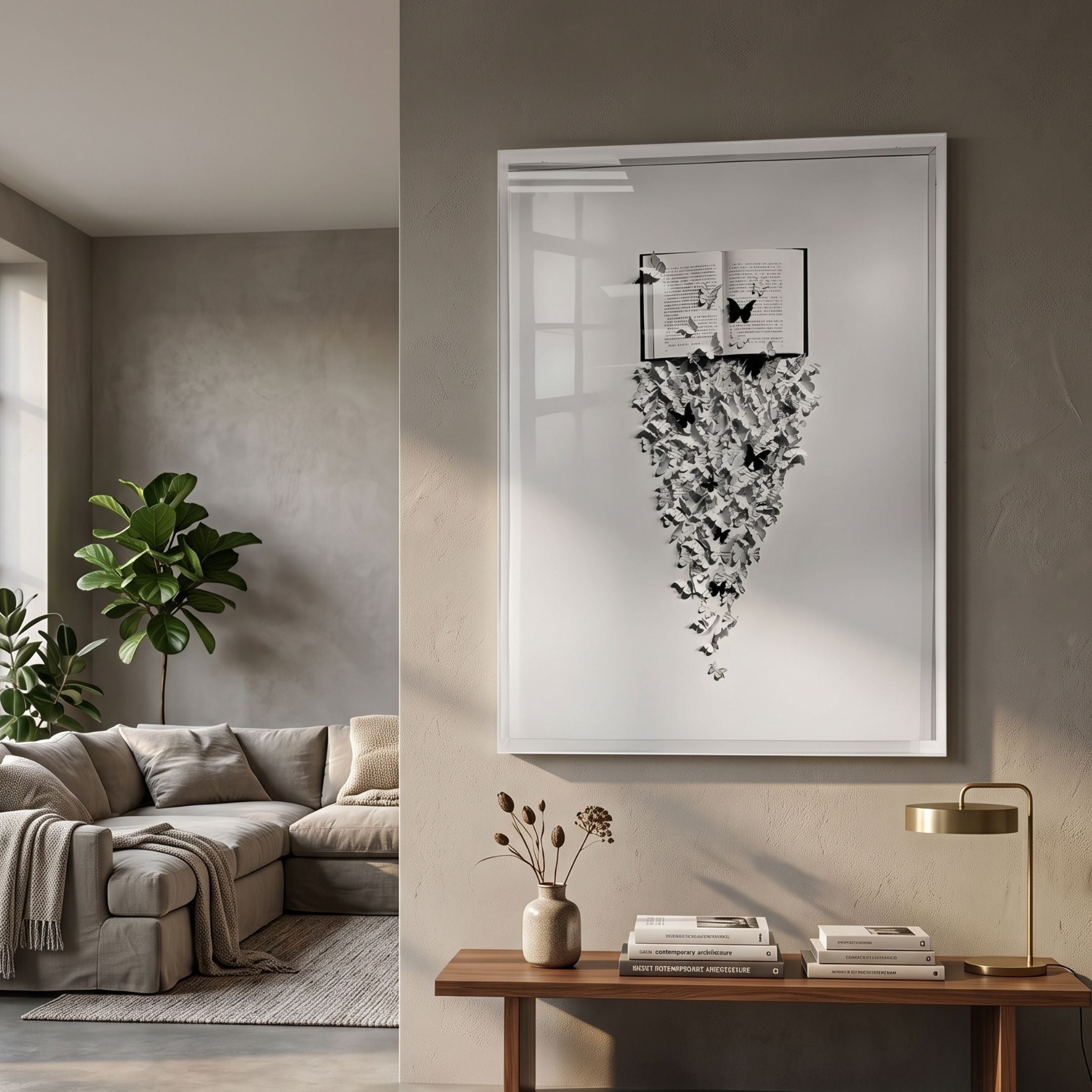 Epiphany Black & White Butterfly Paper Wall Art by Giant Sculptures framed above a console table in a modern living room with grey sofa and fiddle leaf plant.