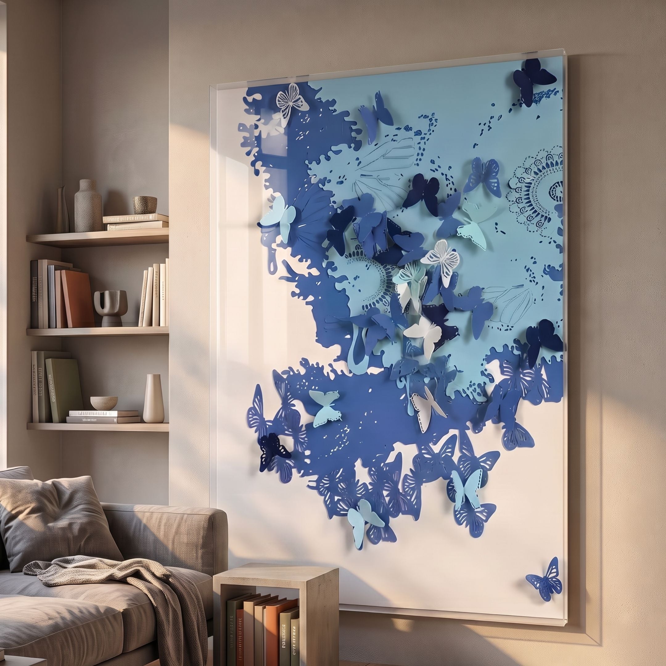 Luminara Blue I Butterfly Paper 3D Wall Art by Giant Sculptures displayed on a beige living room wall beside a bookshelf and grey armchair, with layered blue and white paper butterflies dispersing from a lacy patterned cluster.