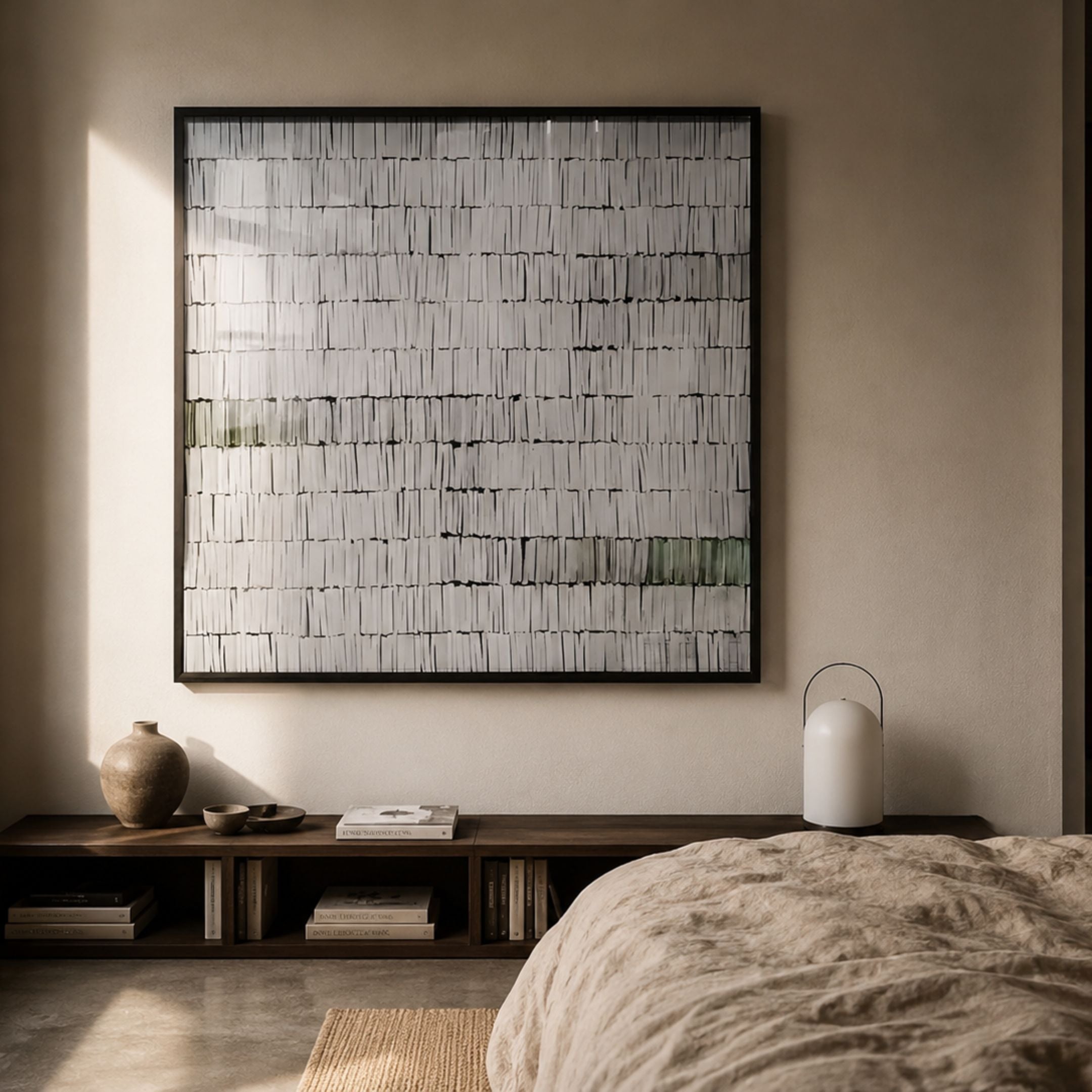 Tracery VI Green & White Textured Paper Wall Art by Giant Sculptures displayed above a dark wood console in a neutral bedroom with vase, lamp, and linen bed.