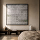 Tracery VI Green & White Textured Paper Wall Art by Giant Sculptures displayed above a dark wood console in a neutral bedroom with vase, lamp, and linen bed.