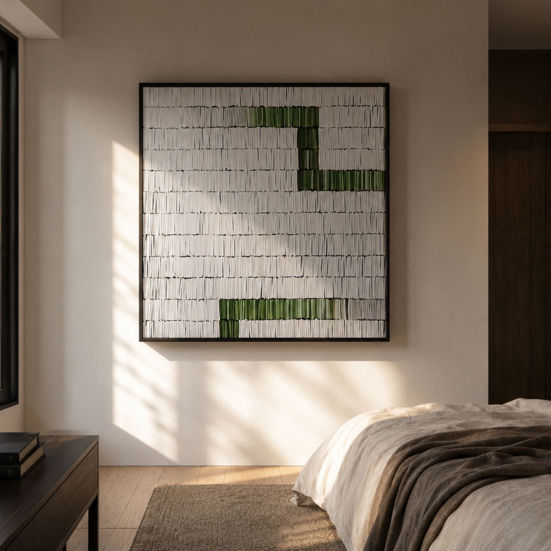 Tracery IV Green & White Textured Paper Wall Art by Giant Sculptures displayed above a wooden console in a sunlit bedroom with cream linens and warm walls.