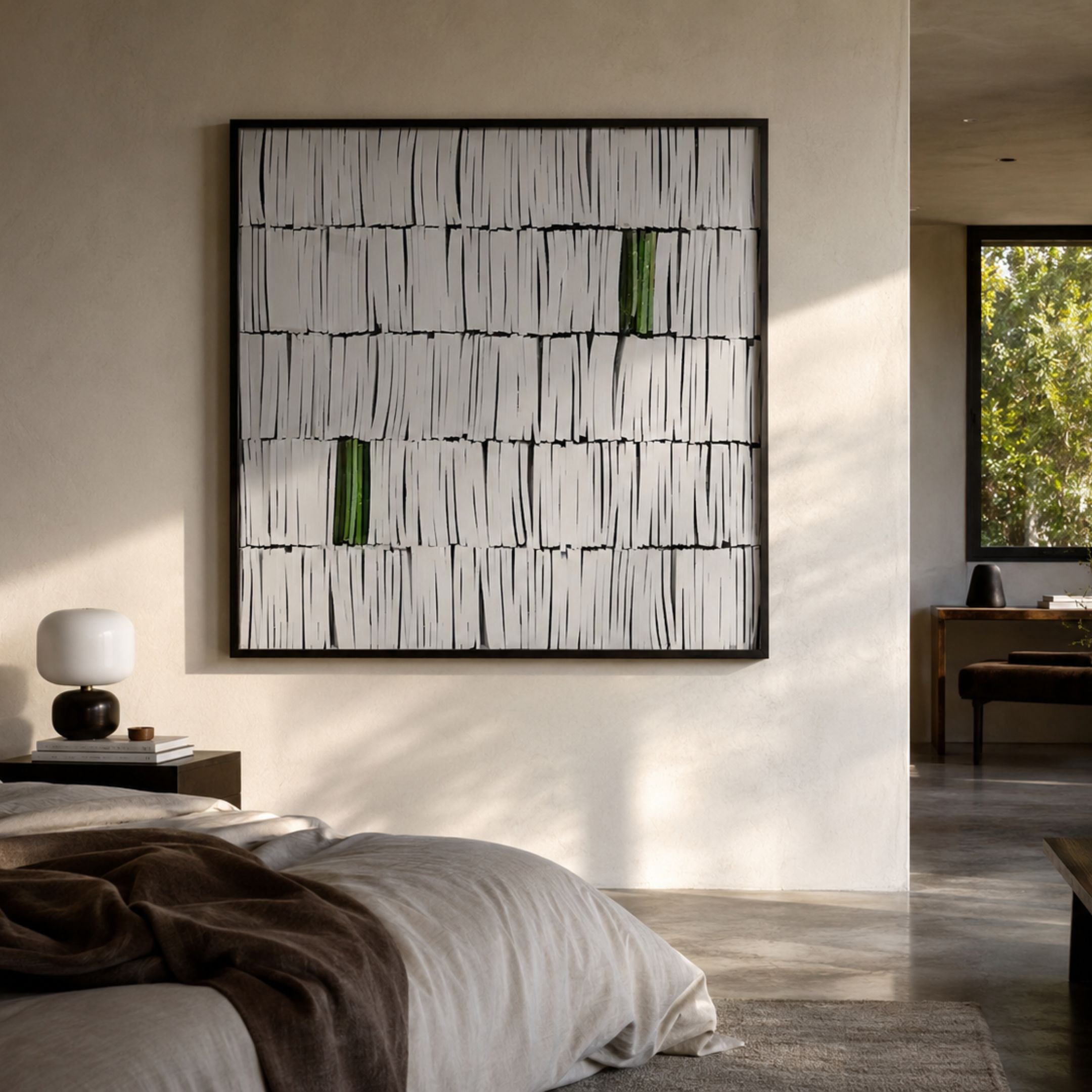 Tracery II Green & White Textured Paper Wall Art by Giant Sculptures displayed above a bed in a sunlit modern bedroom with a black-framed nightstand and lamp.