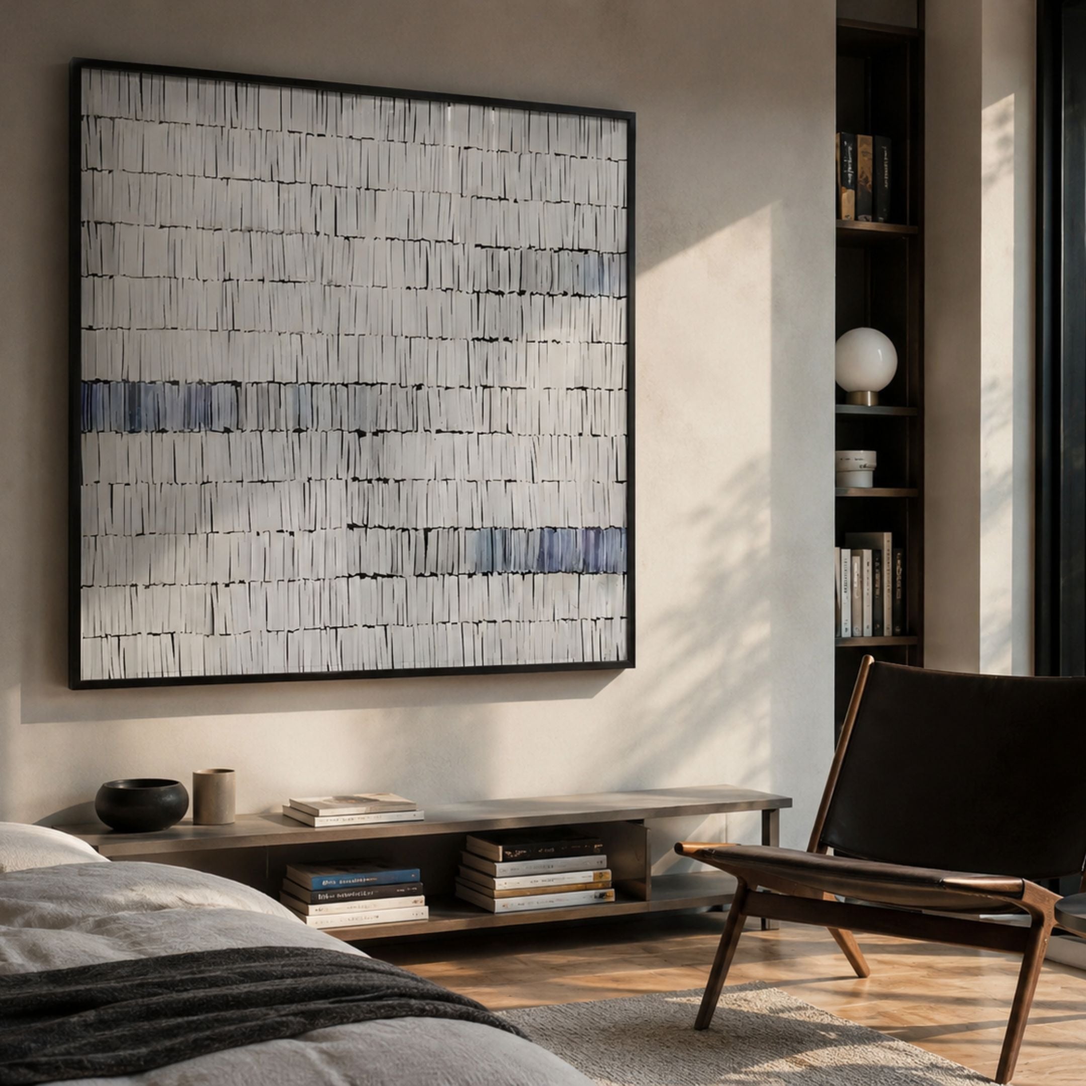 Tracery VI Blue & White Textured Paper Wall Art by Giant Sculptures displayed above a low wooden console in a sunlit bedroom with leather chair and bookshelf.