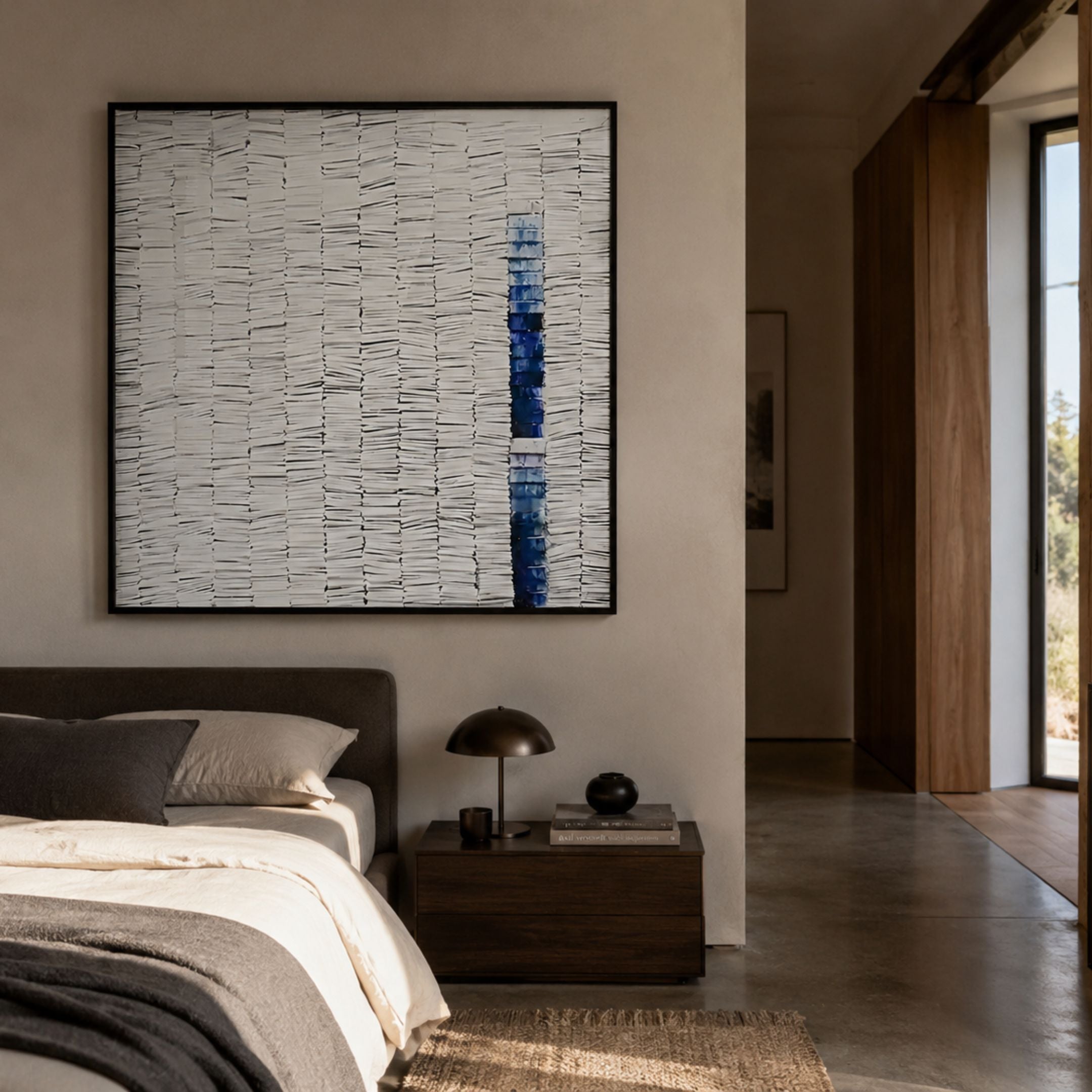 Tracery V Blue & White Textured Paper Wall Art by Giant Sculptures mounted above an upholstered bed with a dark wood nightstand in a minimalist bedroom.