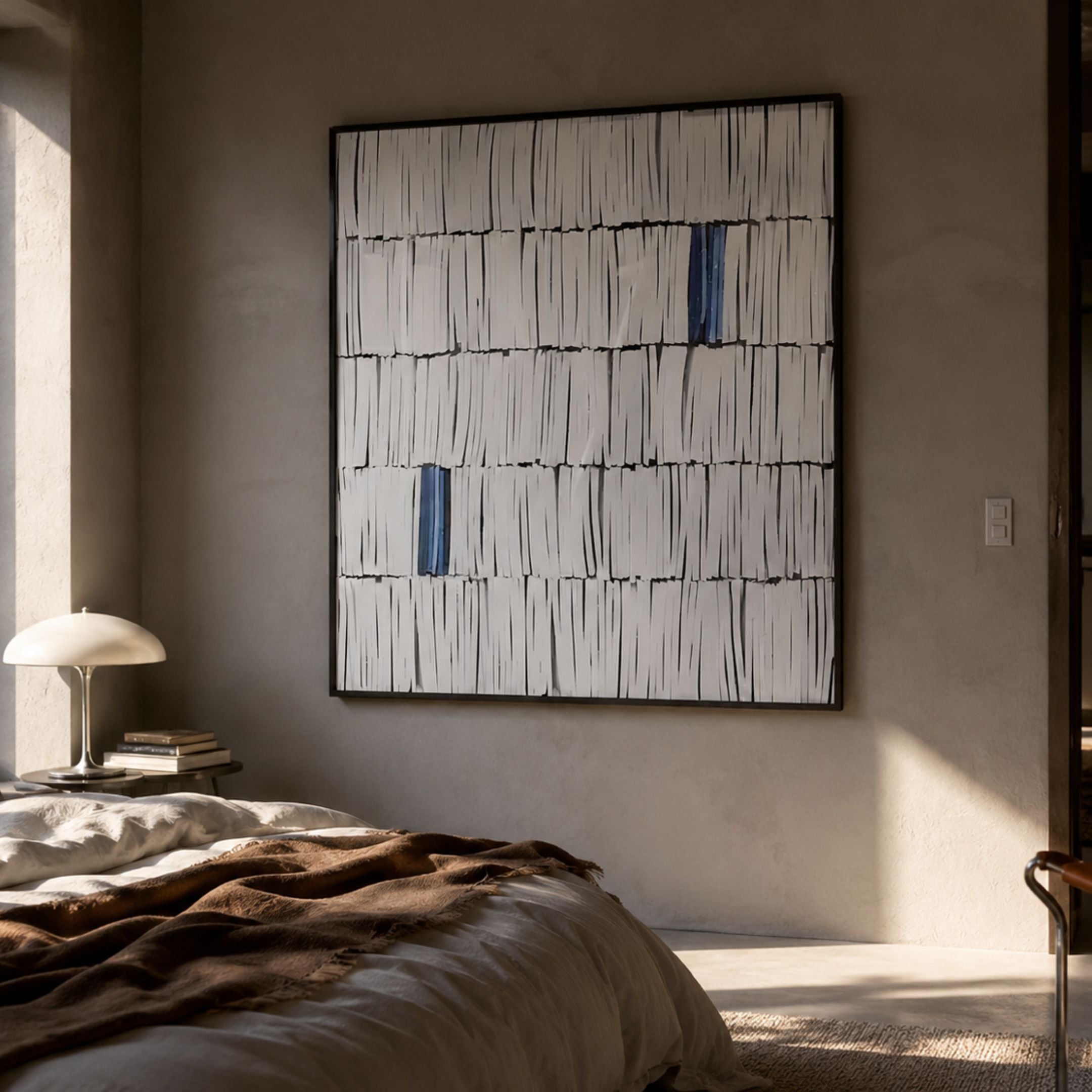 Tracery II Blue & White Textured Paper Wall Art by Giant Sculptures displayed above a linen-dressed bed in a warm neutral bedroom with a dome table lamp.
