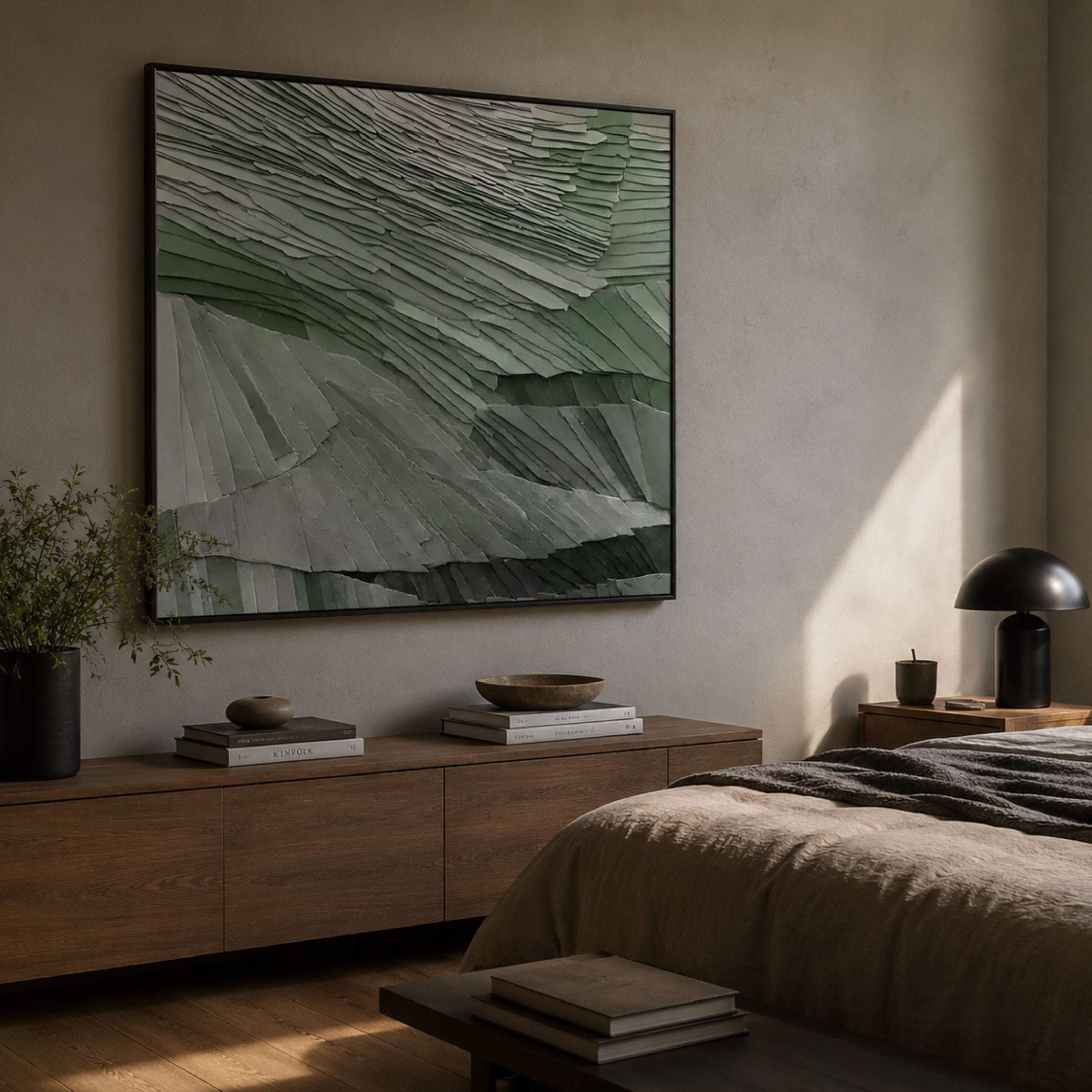 Terrane Fresh Green Layered Abstract Wall Art by Giant Sculptures mounted above a dark wood console in a warm bedroom with plant, books, and lamp.
