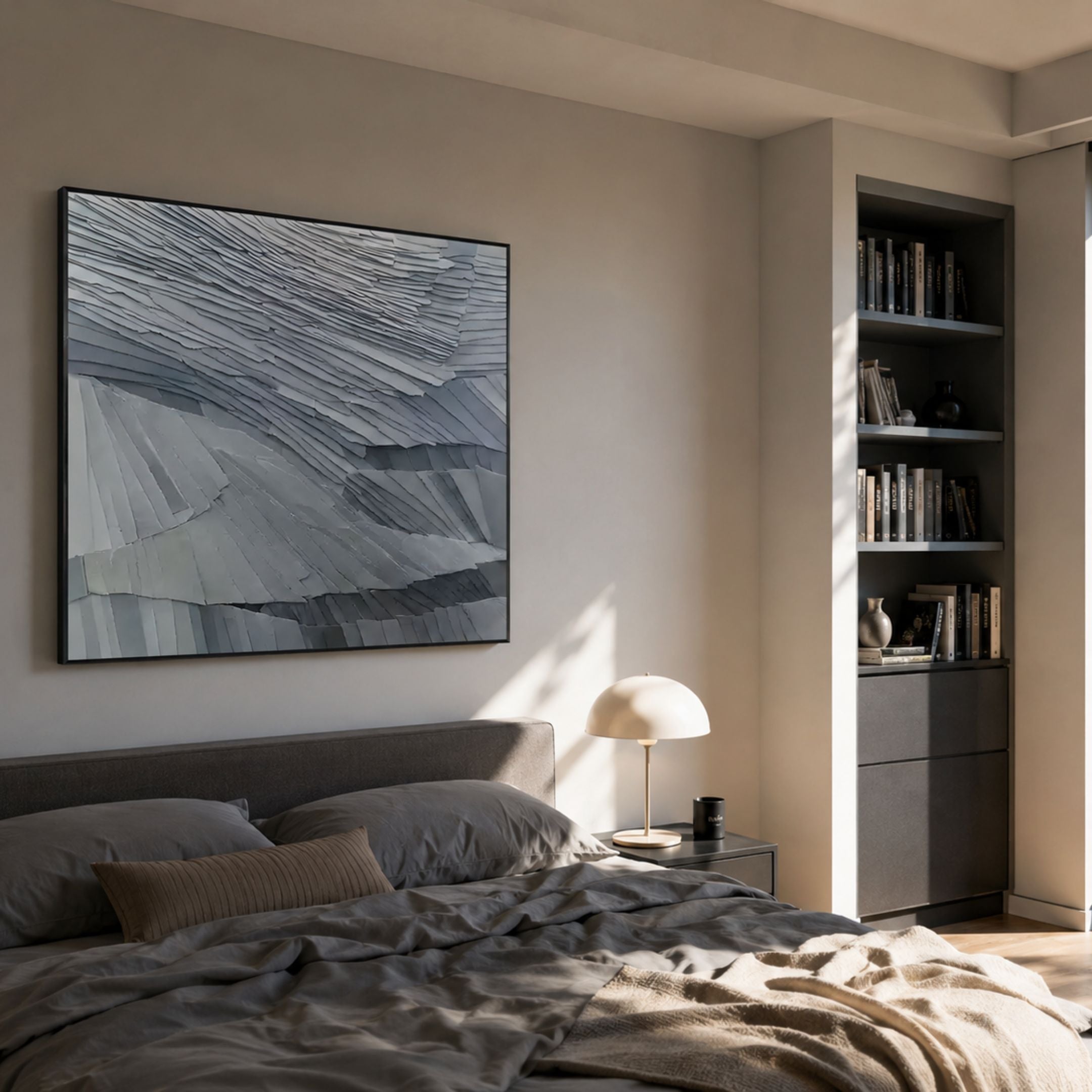 Terrane Tranquil Blue Layered Abstract Wall Art in a black frame above a grey upholstered bed, beside a dome lamp and built-in bookshelf.