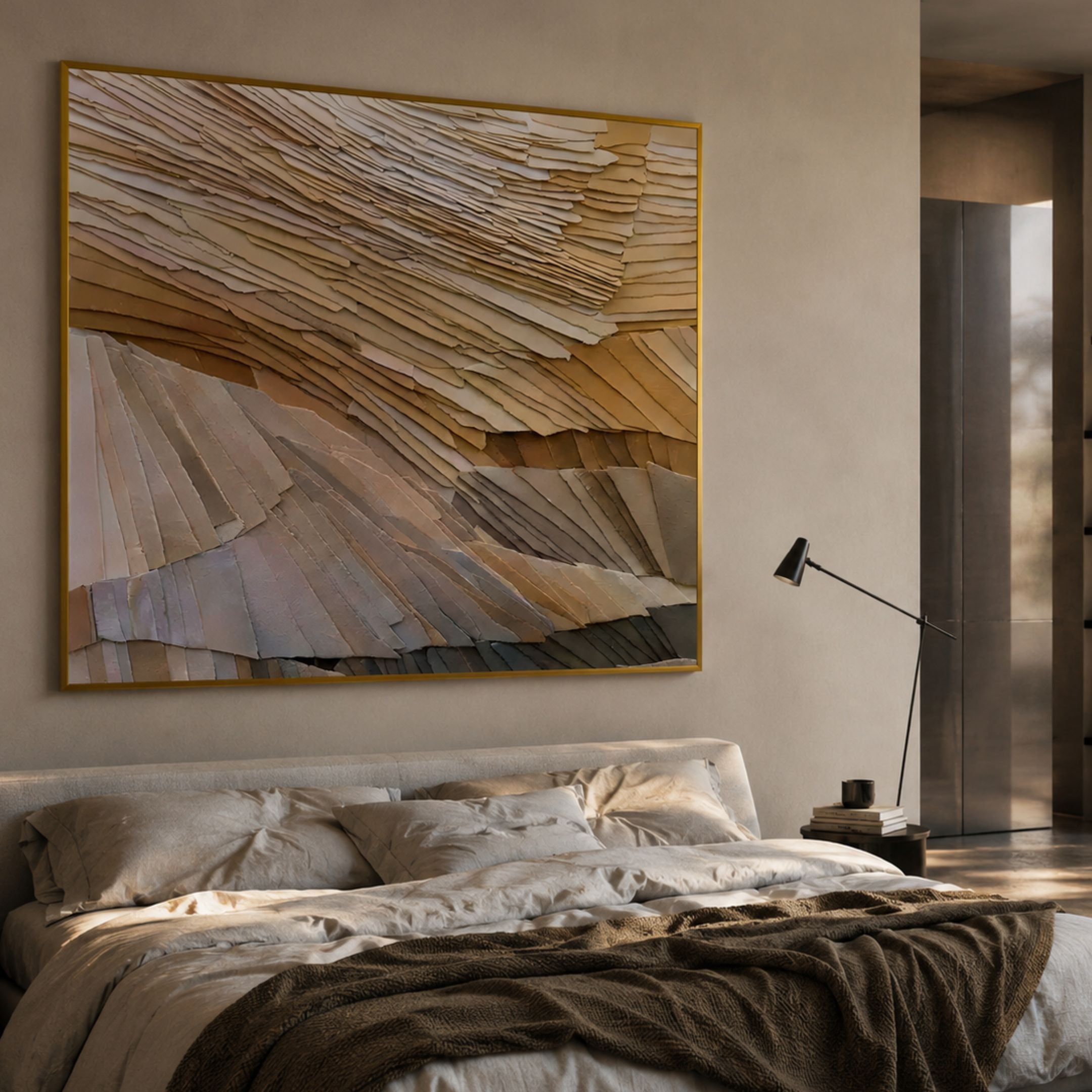 Terrane Timeless Beige Layered Abstract Wall Art in a gold frame above an upholstered bed with linen bedding, a floor lamp, and warm beige walls.
