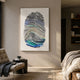 Imprint Multi-Coloured Fingerprint Personalised Abstract Wall Art by Giant Sculptures, layered black, blue, and green ridges on white, displayed in a bedroom.