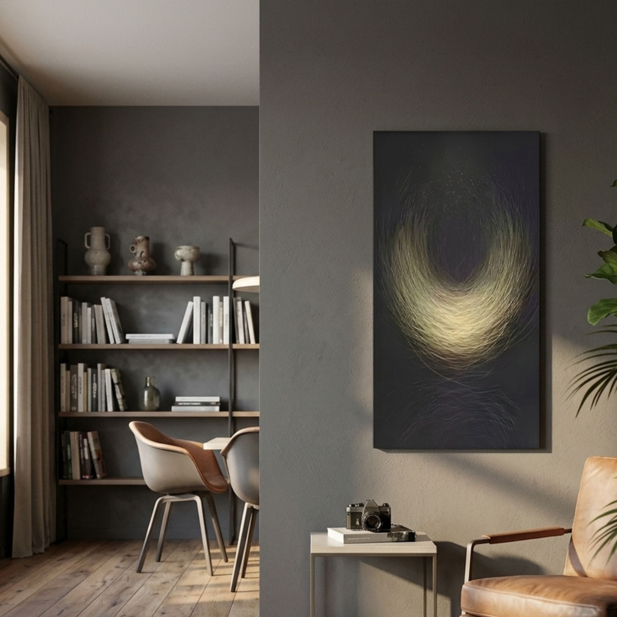 Celeste Radiant Vortex LED Wall Art by Giant Sculptures displayed on a grey wall in a modern living room with a leather chair, side table, and bookshelf nearby.