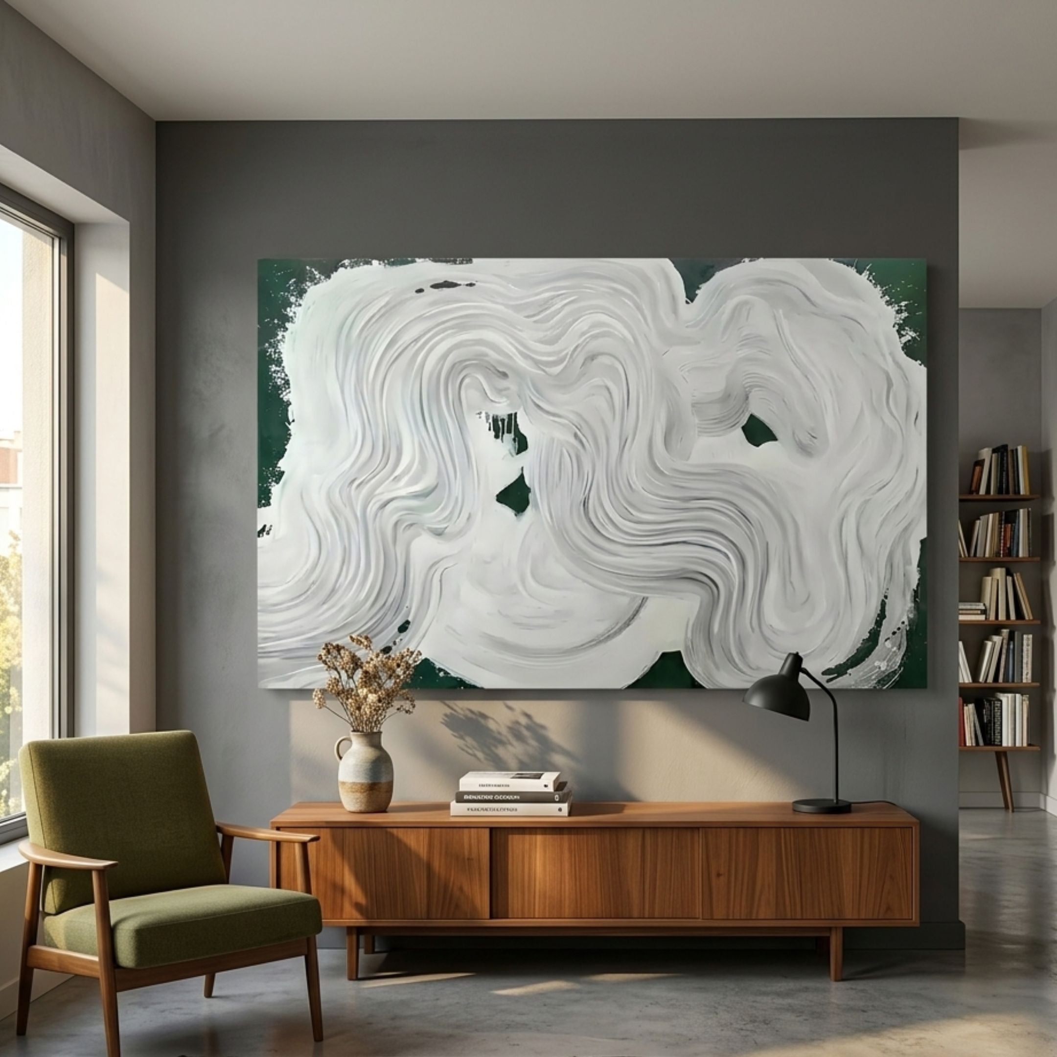 Calmant Green & White Abstract Hand-Painted Wall Art by Giant Sculptures displayed above a mid-century walnut sideboard with a green armchair and bookshelf.