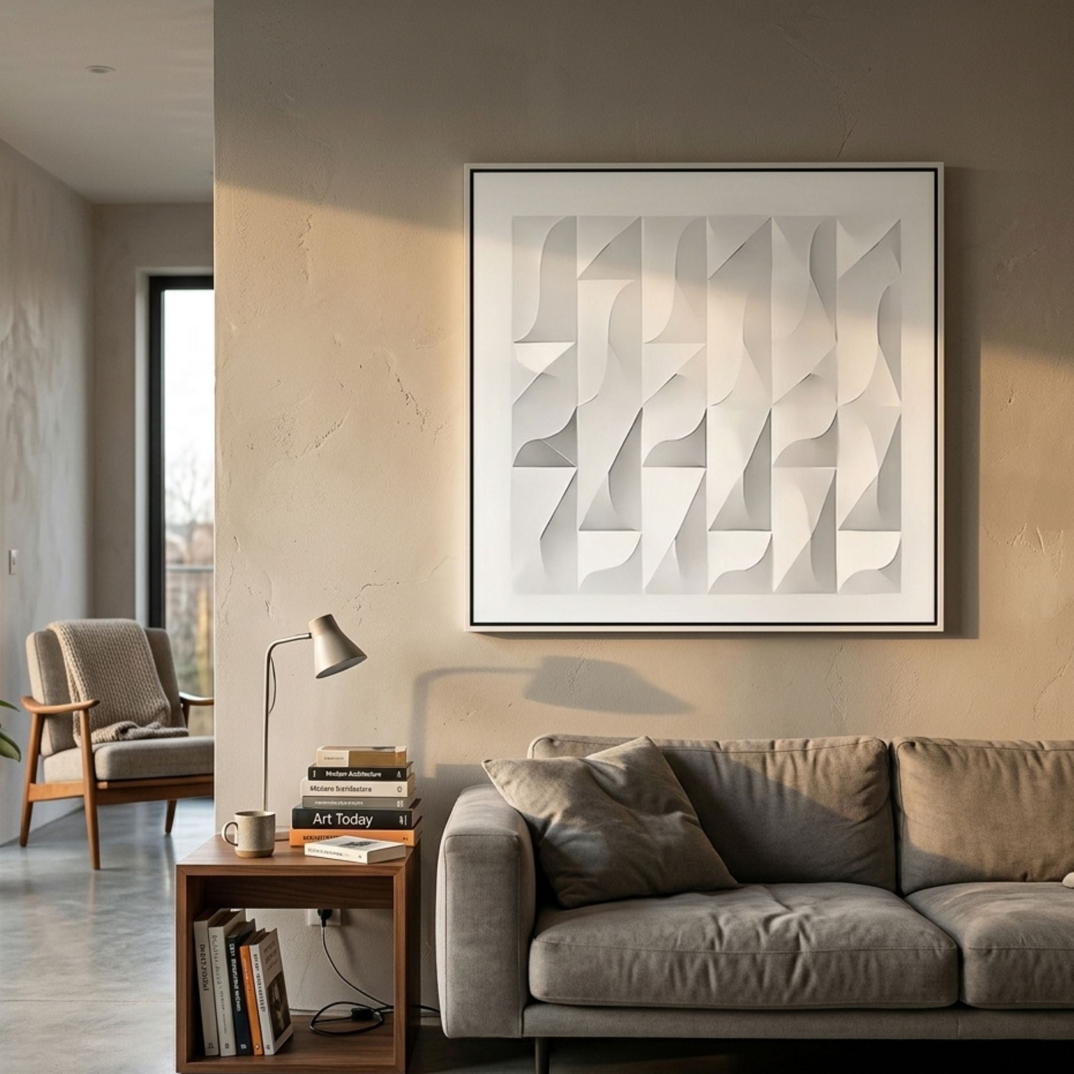 Geometrica Intricate White Fold 3D Wood Relief Wall Art by Giant Sculptures displayed above a grey sofa in a modern living room with a wooden side table.