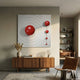 Galactica White Wood Relief 3D Wall Art with red metal balls by Giant Sculptures, displayed above a walnut sideboard in a modern living room.