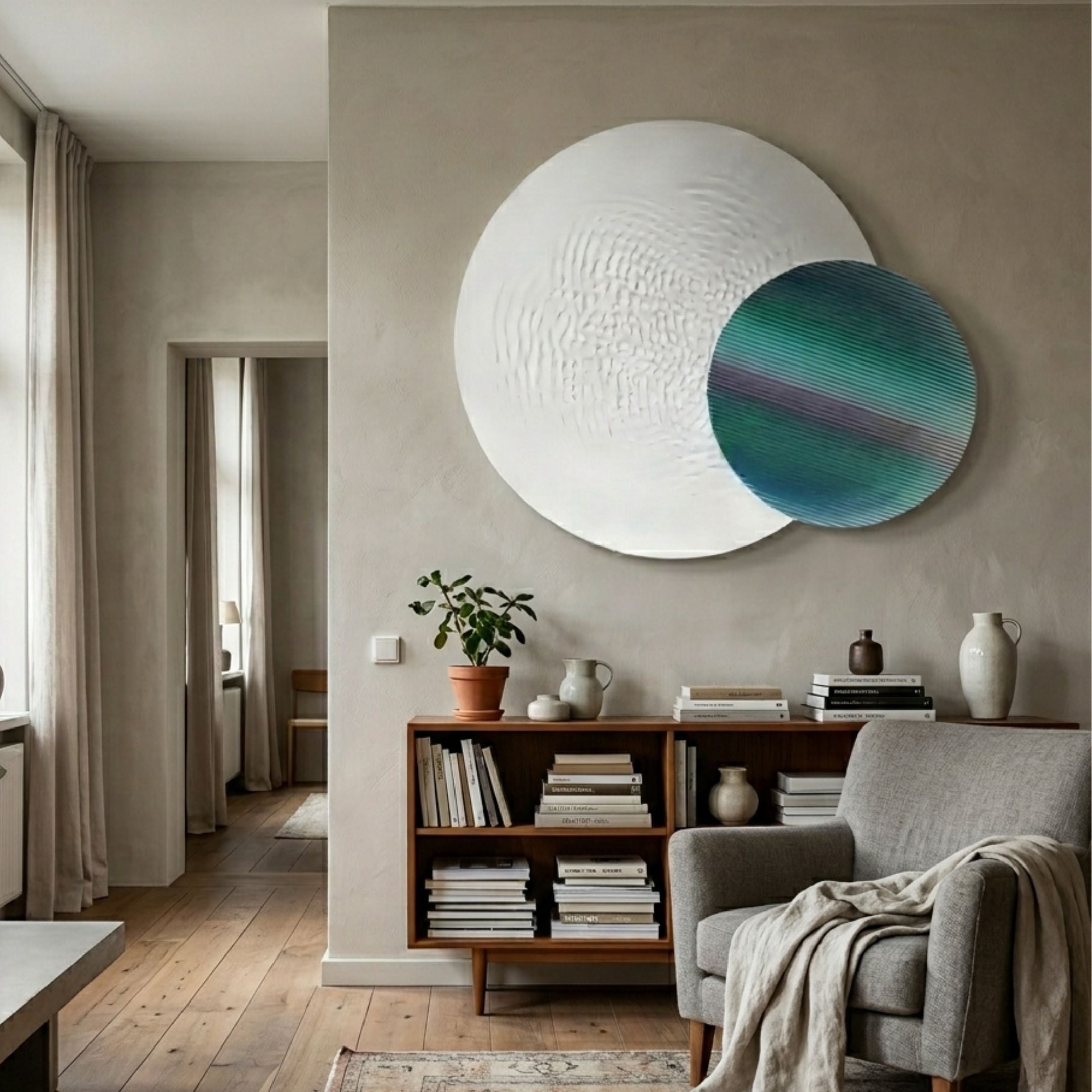 Lucentis White & Teal Gradient Wood Relief 3D Wall Art by Giant Sculptures mounted above a mid-century sideboard in a neutral living room with armchair.
