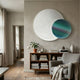 Lucentis White & Teal Gradient Wood Relief 3D Wall Art by Giant Sculptures mounted above a mid-century sideboard in a neutral living room with armchair.