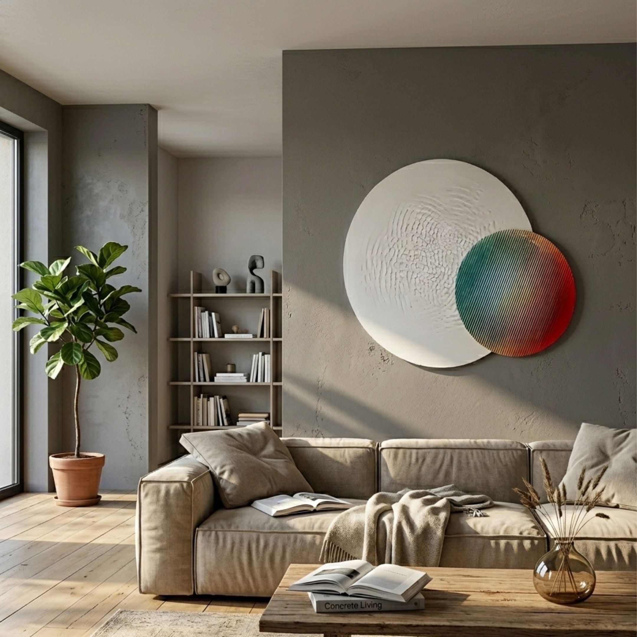 Giant Sculptures Lucentis White & Multicolour Gradient Wood Relief 3D Wall Art mounted above a beige sofa in a modern living room with a fiddle leaf fig and bookshelf.