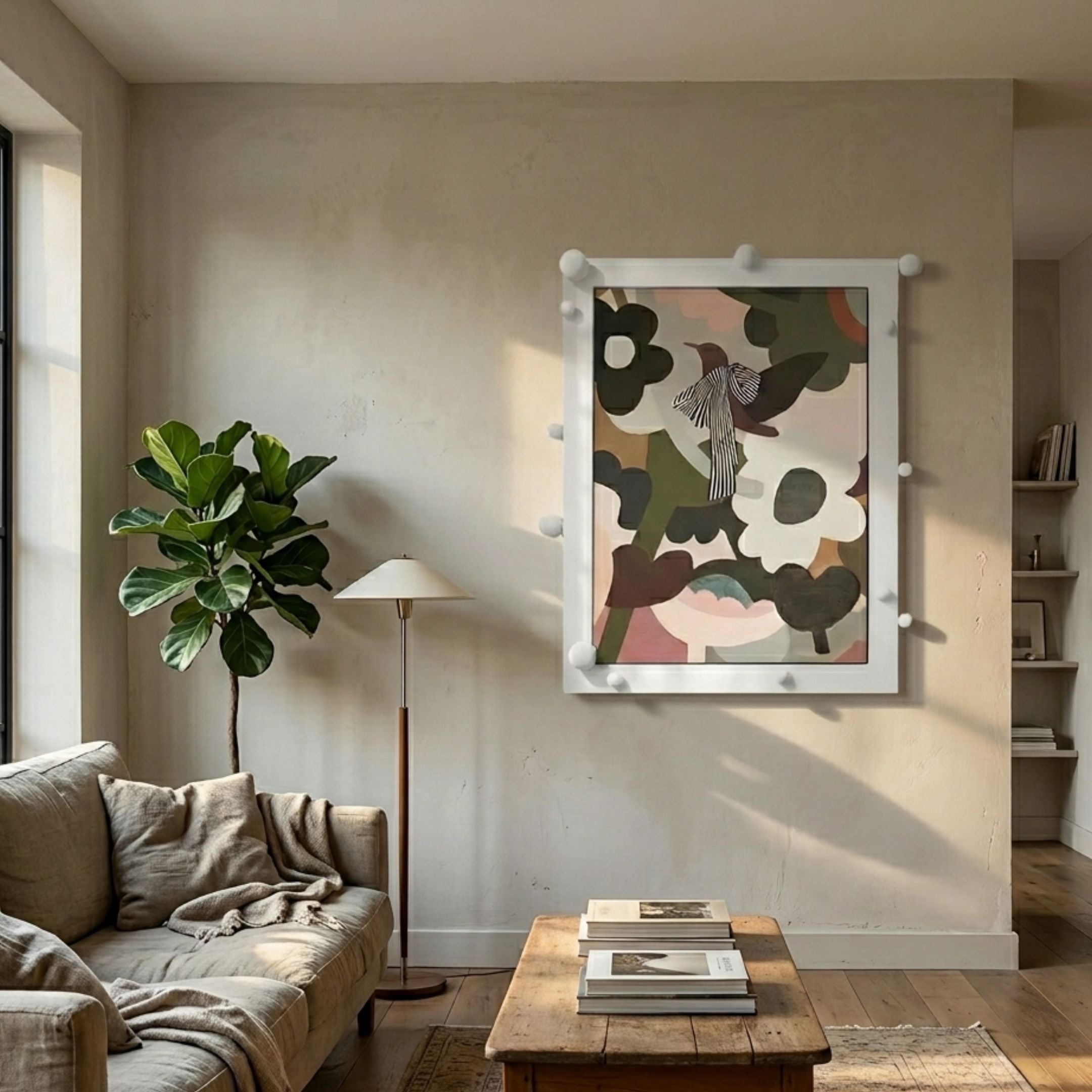 Florere Vibrant Bloom Hand-Painted Sandstone 3D Wall Art by Giant Sculptures displayed above a linen sofa with fiddle-leaf fig, floor lamp, and wooden coffee table.