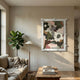 Florere Vibrant Bloom Hand-Painted Sandstone 3D Wall Art by Giant Sculptures displayed above a linen sofa with fiddle-leaf fig, floor lamp, and wooden coffee table.