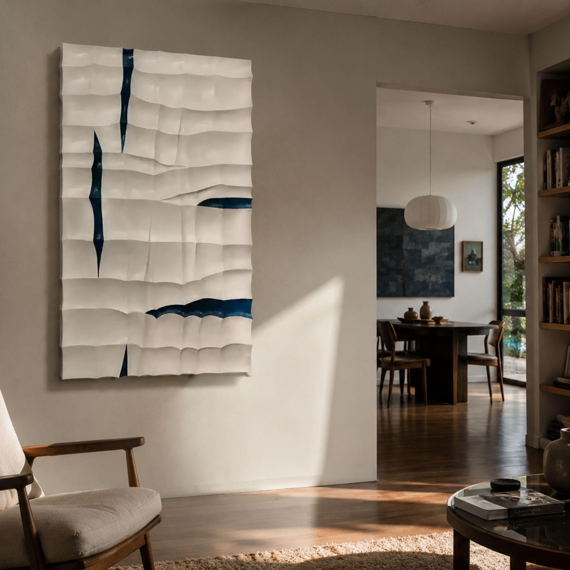 Striata White & Blue Wood Carving 3D Wall Art by Giant Sculptures mounted in a sunlit modern living room with a wooden armchair and dining area beyond.
