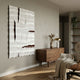 Striata White & Burgundy Wood Carving 3D Wall Art by Giant Sculptures mounted in a modern living room above a walnut sideboard with brass lamp and lounge chair.