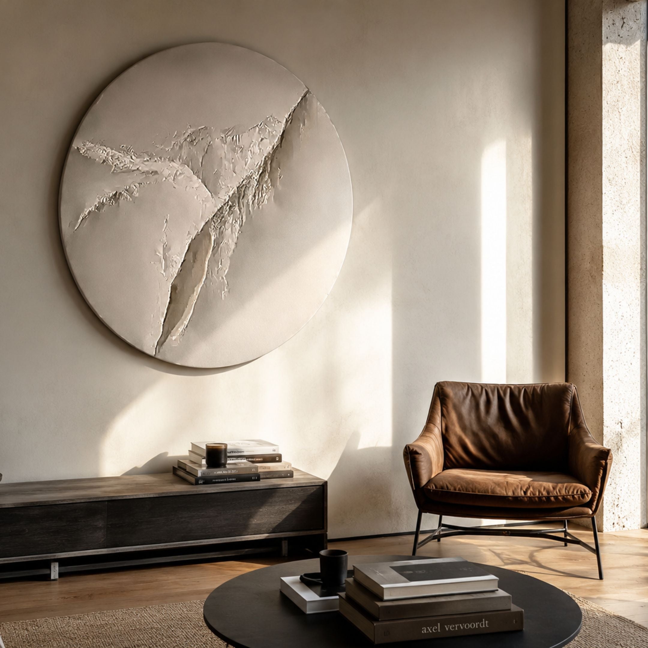 Selene IV White Sandstone Textured 3D Wood Relief Wall Art mounted above a dark wood console in a sunlit living room with a brown leather armchair.
