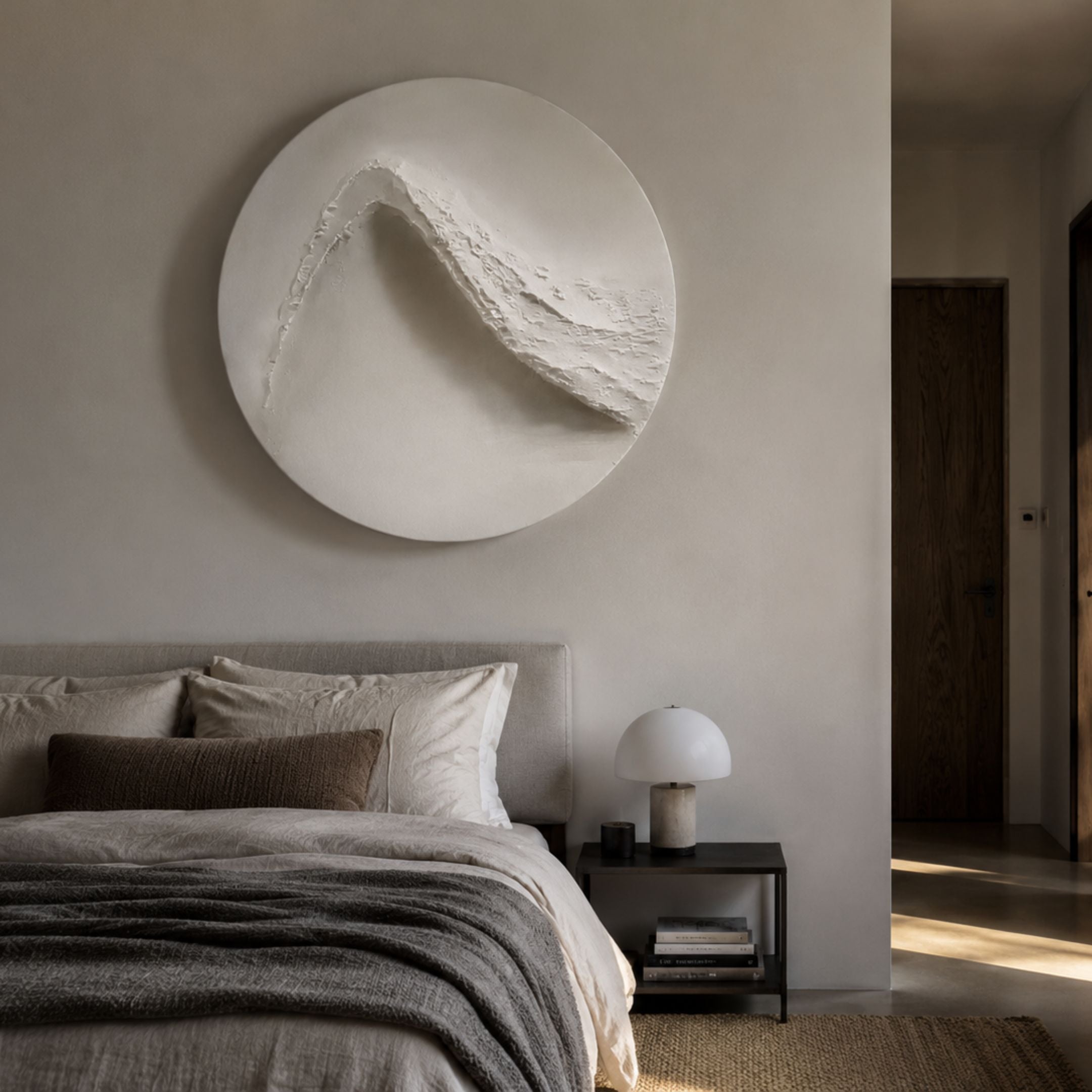 Selene II White Sandstone Textured 3D Wood Relief Wall Art mounted above an upholstered bed with linen bedding, dome lamp, and dark nightstand.