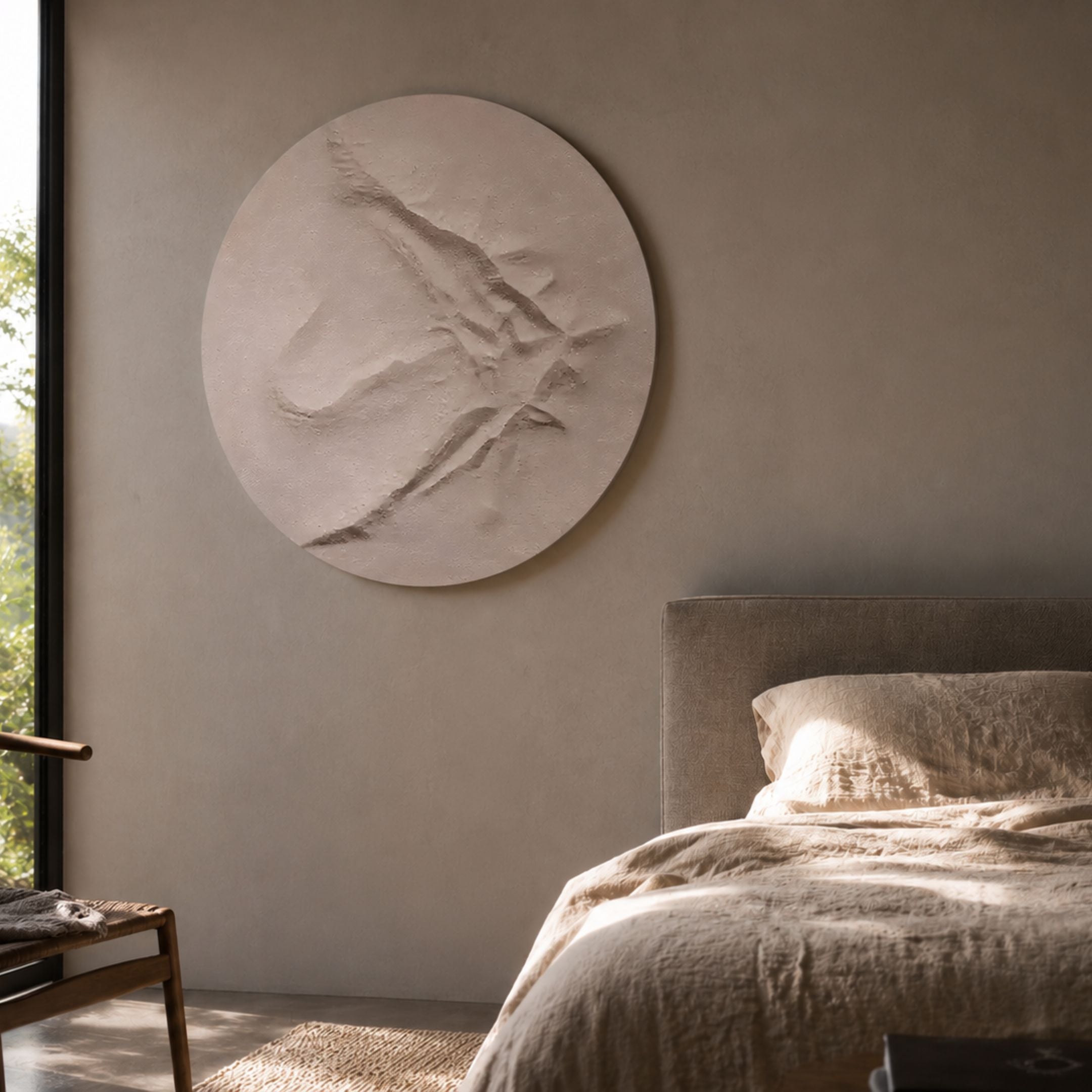 Selene I White Sandstone Textured 3D Wood Relief Wall Art mounted on a beige wall in a wabi-sabi bedroom with linen bedding and a wooden bench.
