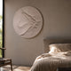 Selene I White Sandstone Textured 3D Wood Relief Wall Art mounted on a beige wall in a wabi-sabi bedroom with linen bedding and a wooden bench.