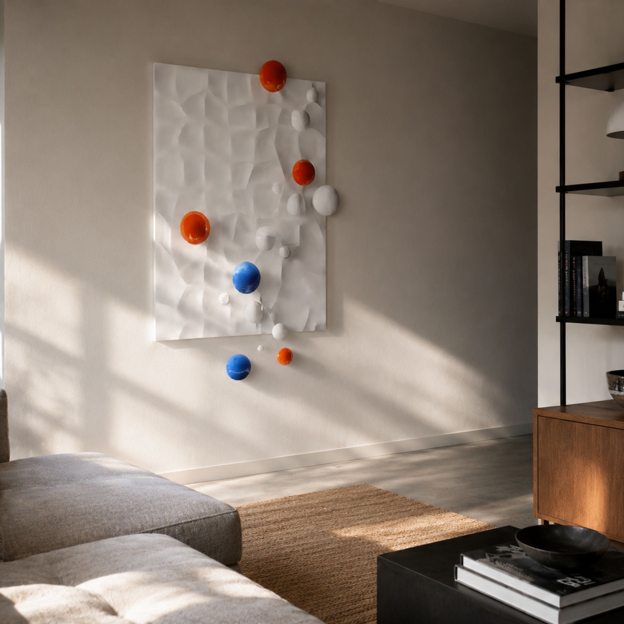 Orbison White Vertical 3D Wood Relief Wall Art with floating blue, orange, and white metal spheres displayed on a beige living room wall above a wooden sideboard.
